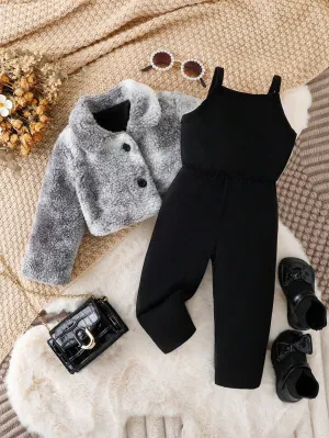Baby Girls' Casual Jumpsuit And Furry Coat Set For Autumn/winter - FD