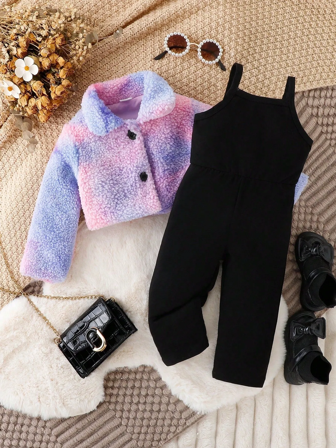 Baby Girls' Casual Jumpsuit And Furry Coat Set For Autumn/winter - FD