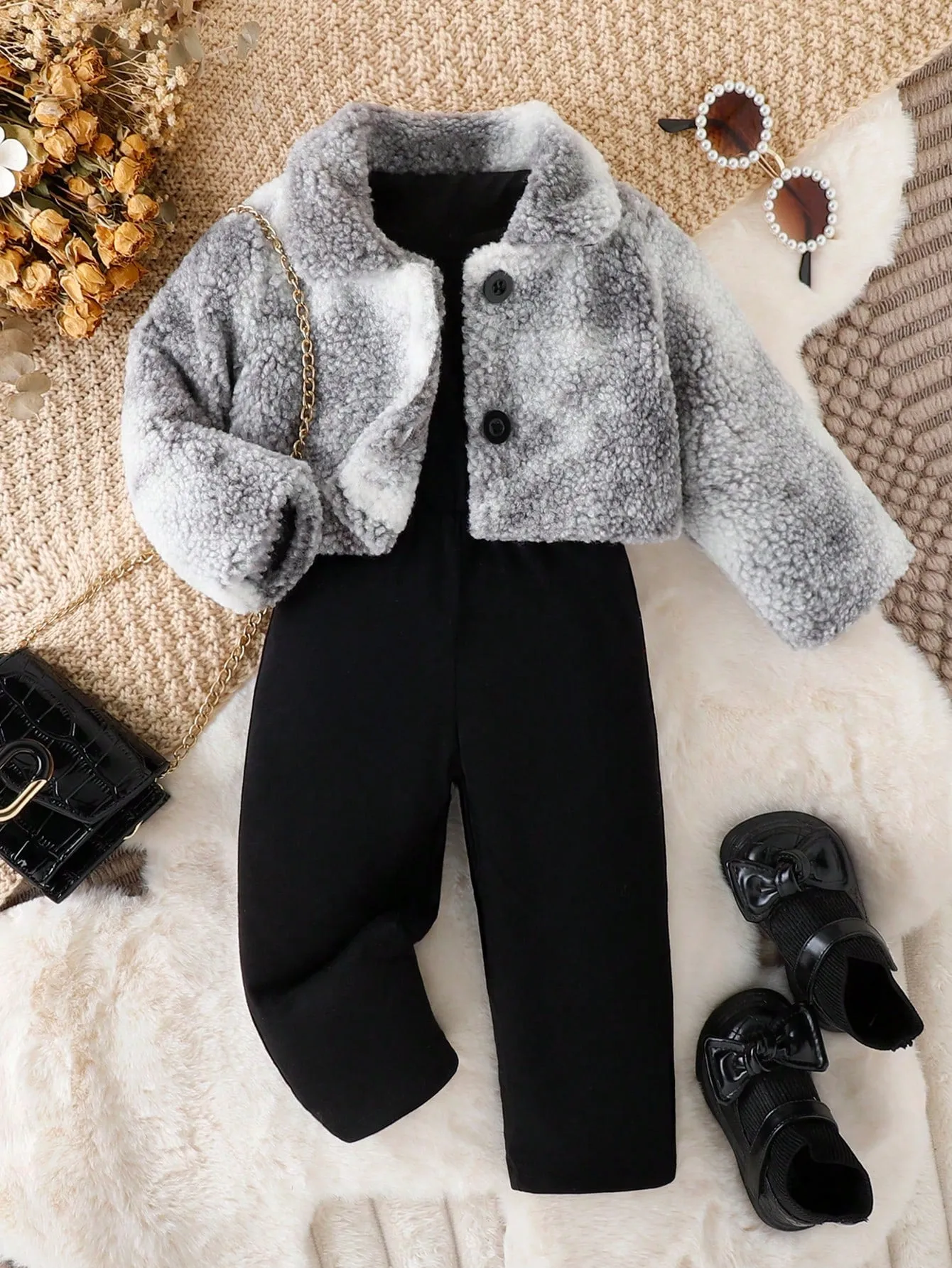 Baby Girls' Casual Jumpsuit And Furry Coat Set For Autumn/winter - FD