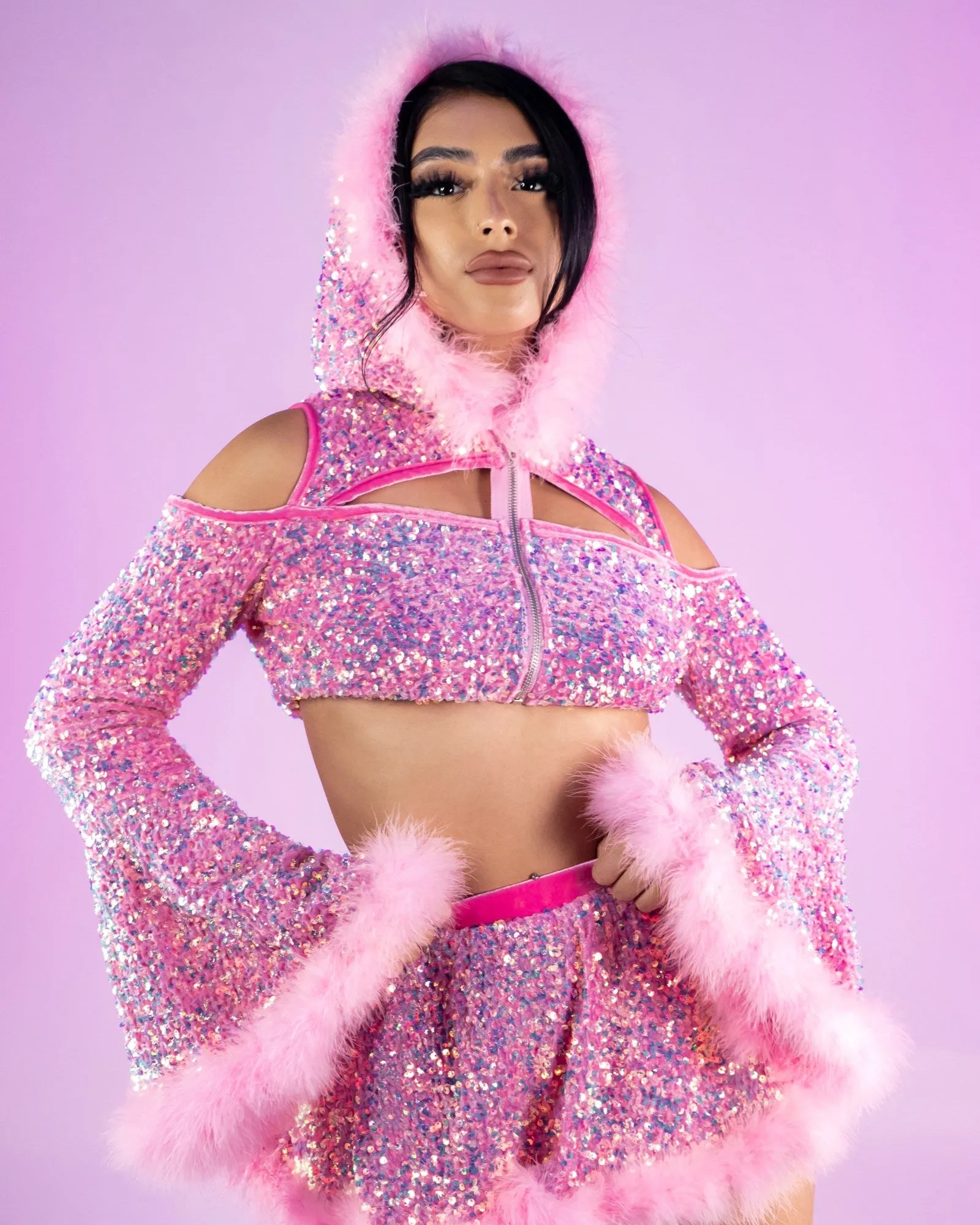 Baby Pink Sequin Fields Cutout Long Sleeve Hooded Crop Top