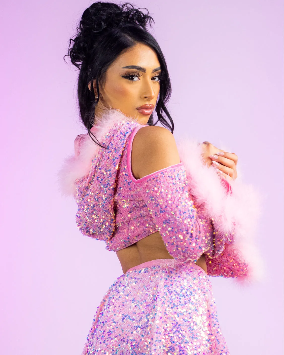 Baby Pink Sequin Fields Cutout Long Sleeve Hooded Crop Top