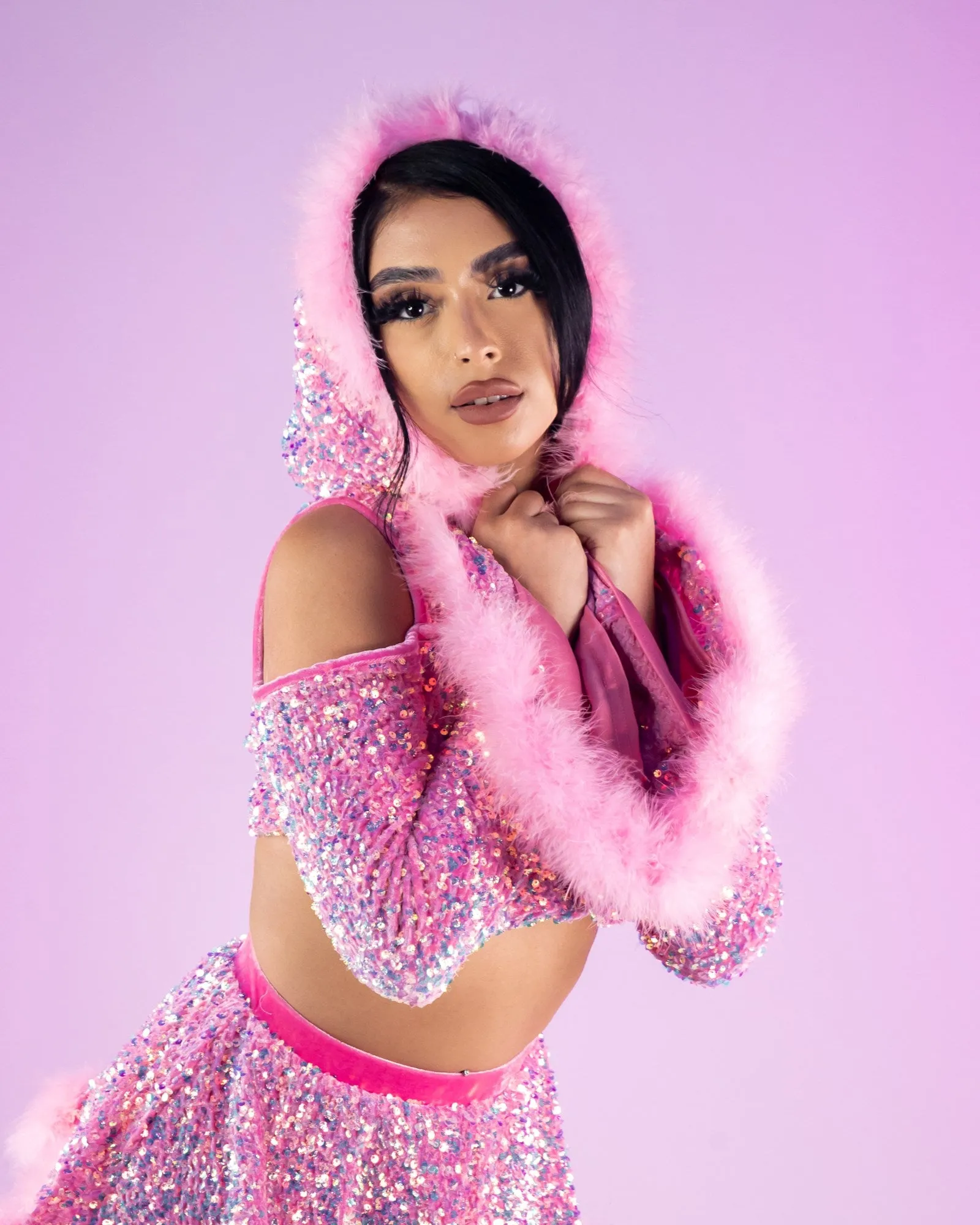 Baby Pink Sequin Fields Cutout Long Sleeve Hooded Crop Top