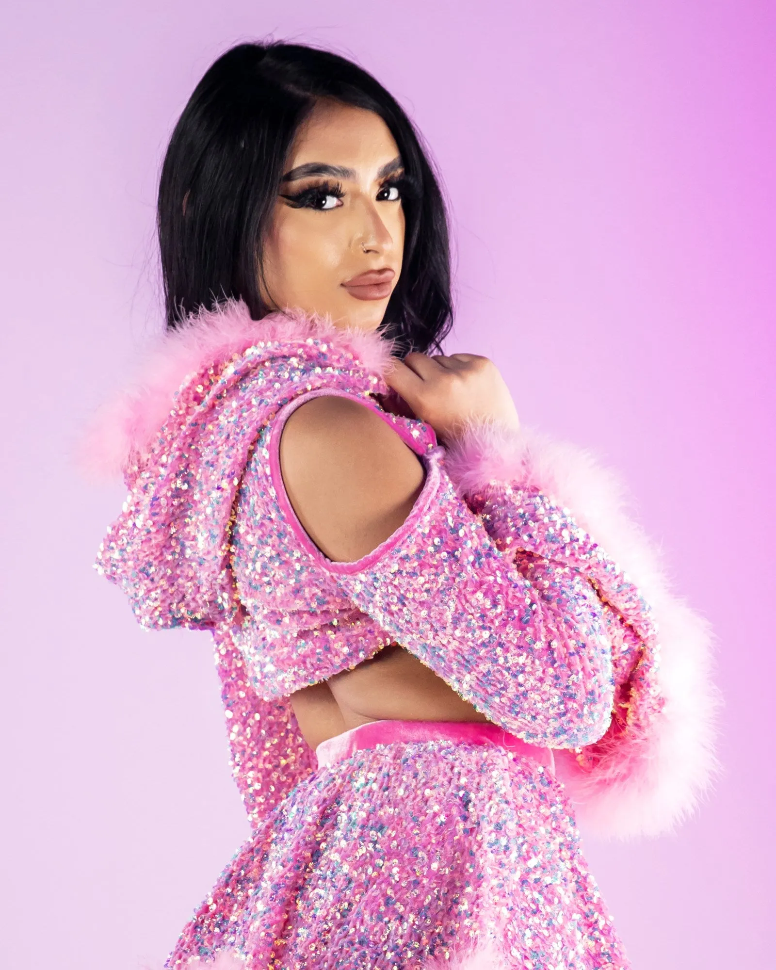 Baby Pink Sequin Fields Cutout Long Sleeve Hooded Crop Top