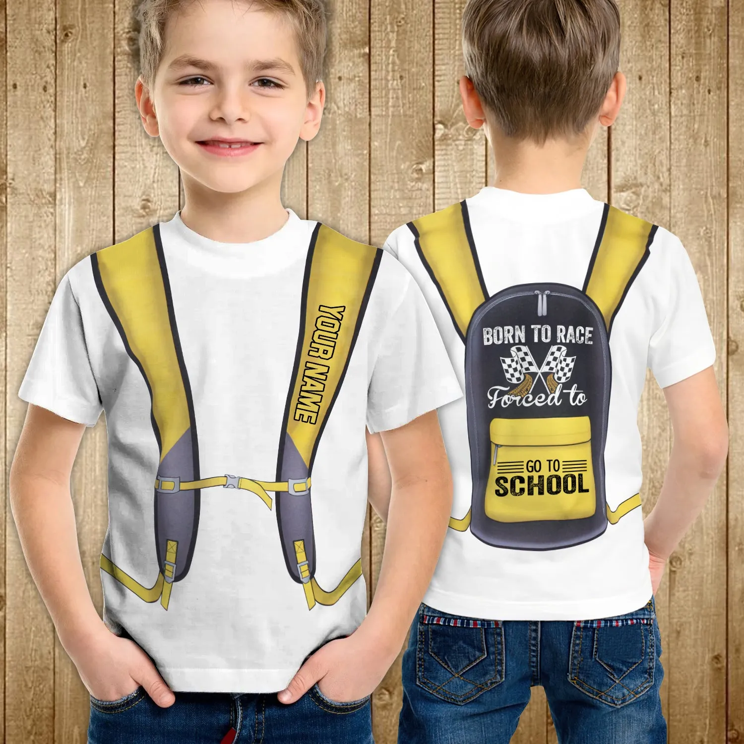 Back To School Born To Race Forced To Go To School School Uniform Yellow Bag Personalized Name 3D Kid Tshirt 765