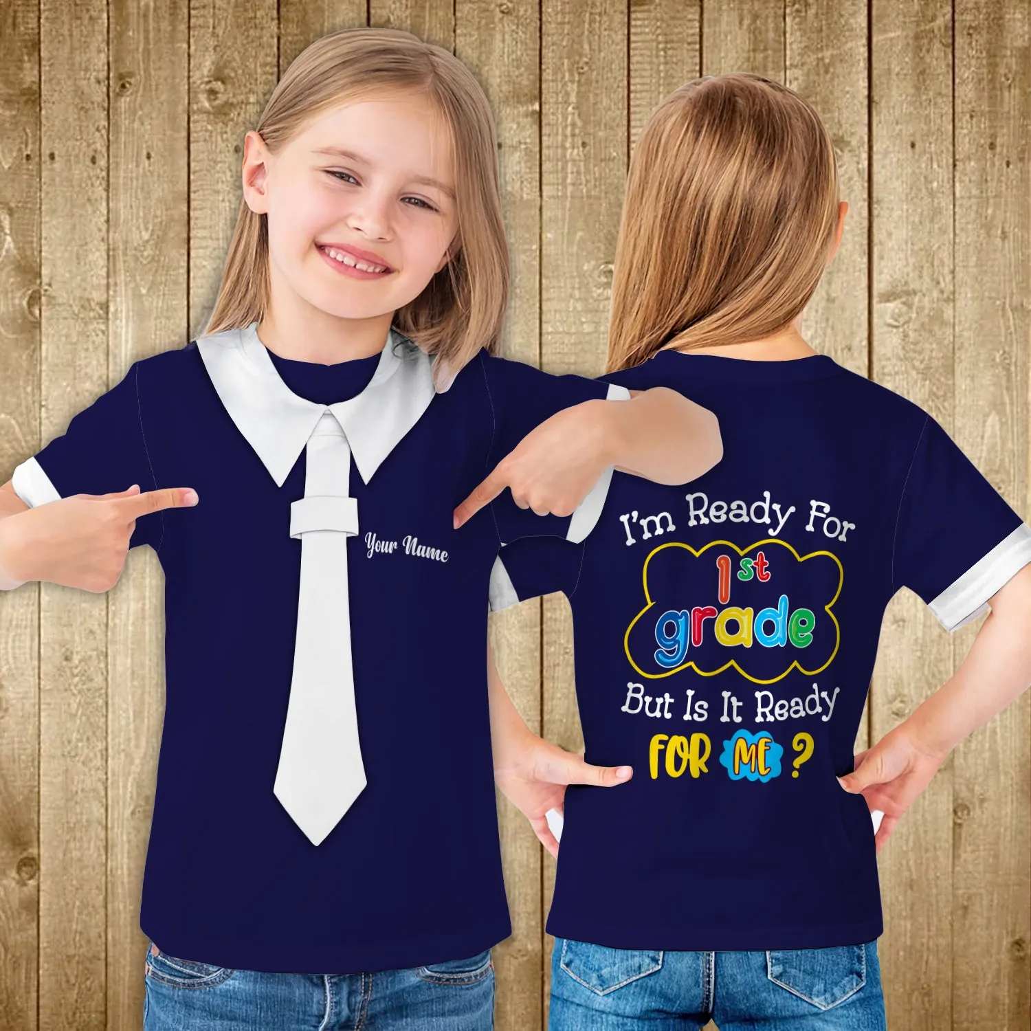 Back To School I’m Ready For 1st Grade But Is It Ready For Me School Uniform Yellow Bag Personalized Name 3D Kid Tshirt 766
