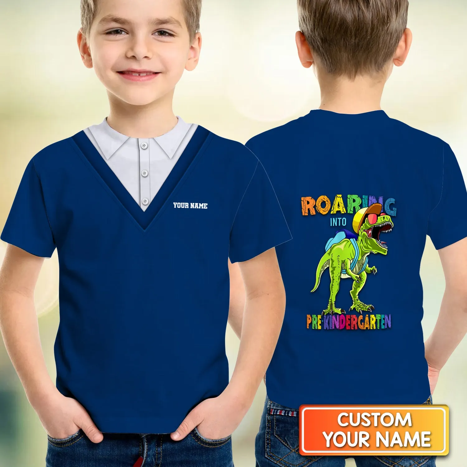 Back To School Roaring Into Pre-Kindergarten School Uniform Navy Personalized Name 3D Kid Tshirt 760