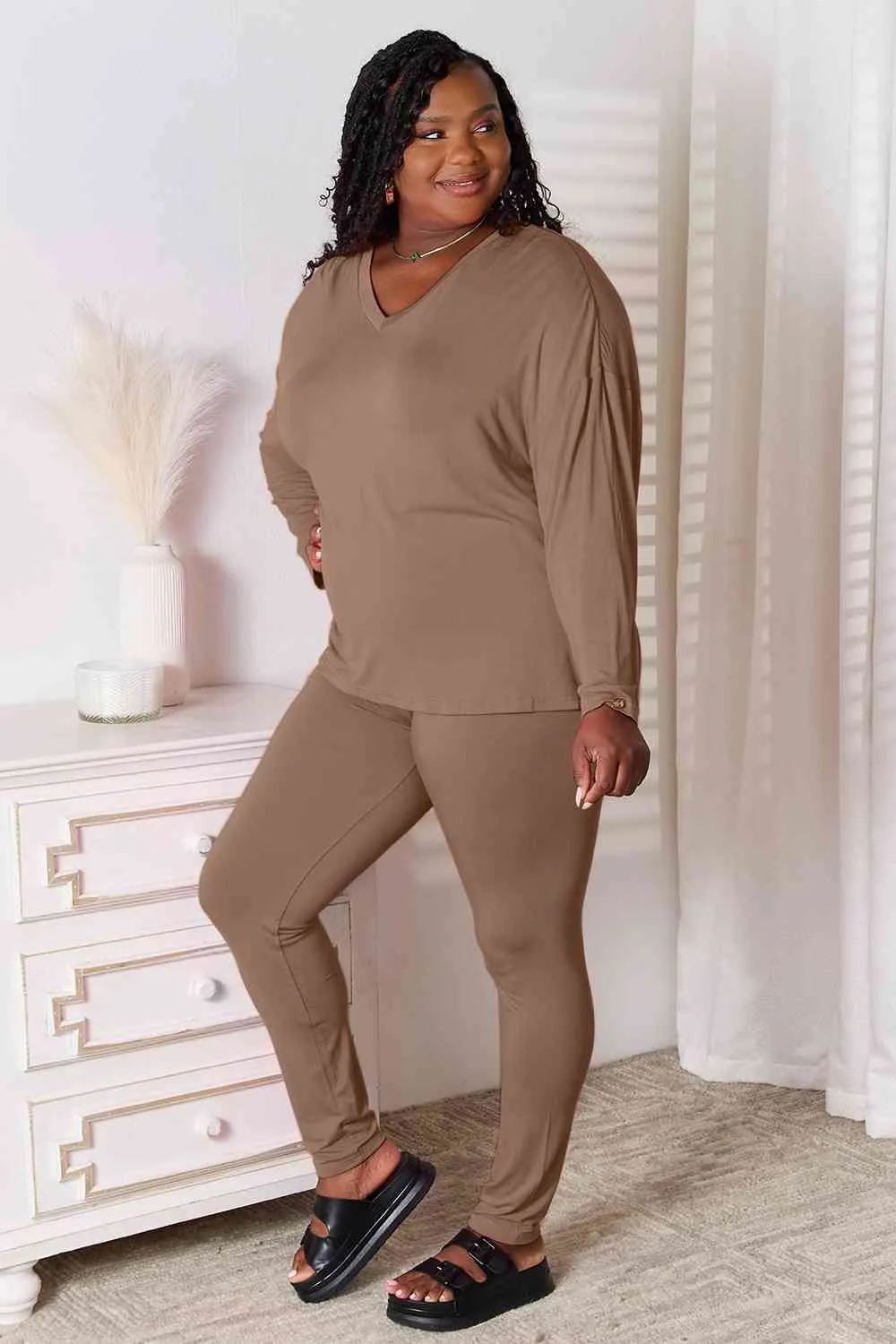 Basic Bae Full Size V-Neck Soft Rayon Long Sleeve Top and Pants Lounge Set (5 Colors)