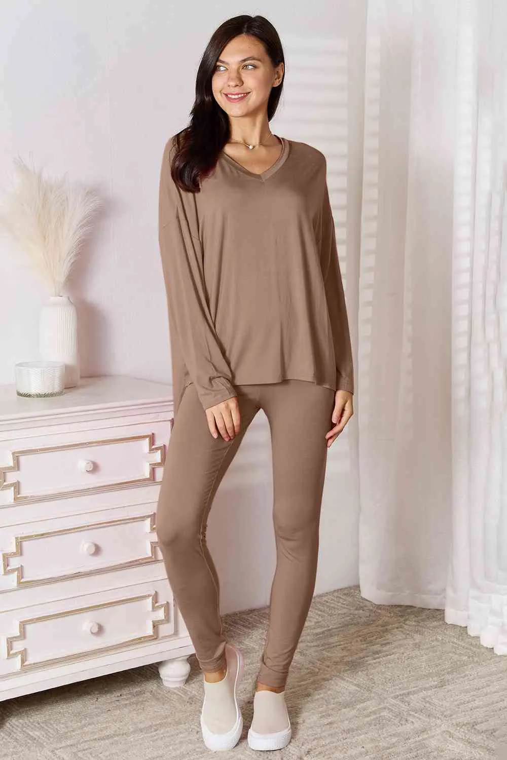 Basic Bae Full Size V-Neck Soft Rayon Long Sleeve Top and Pants Lounge Set (5 Colors)