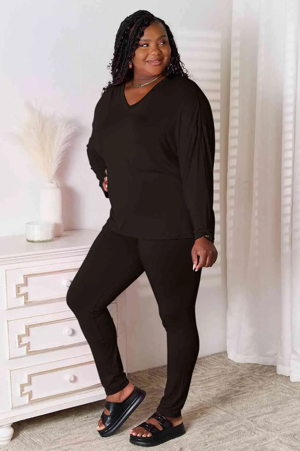 Basic Bae Full Size V-Neck Soft Rayon Long Sleeve Top and Pants Lounge Set (5 Colors)