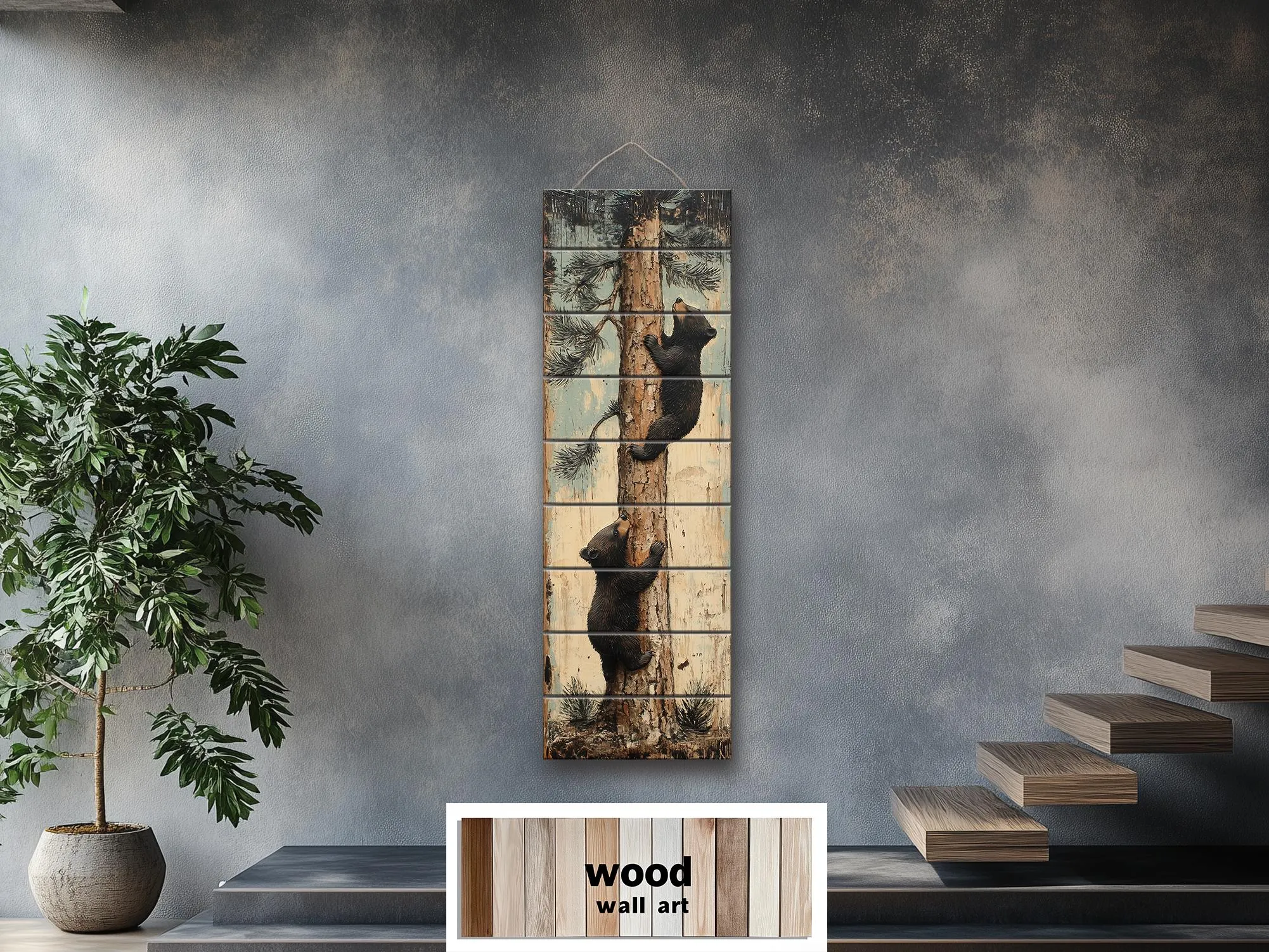 Bear Cubs Climbing Pine Tree Vertical Wood Wall Art