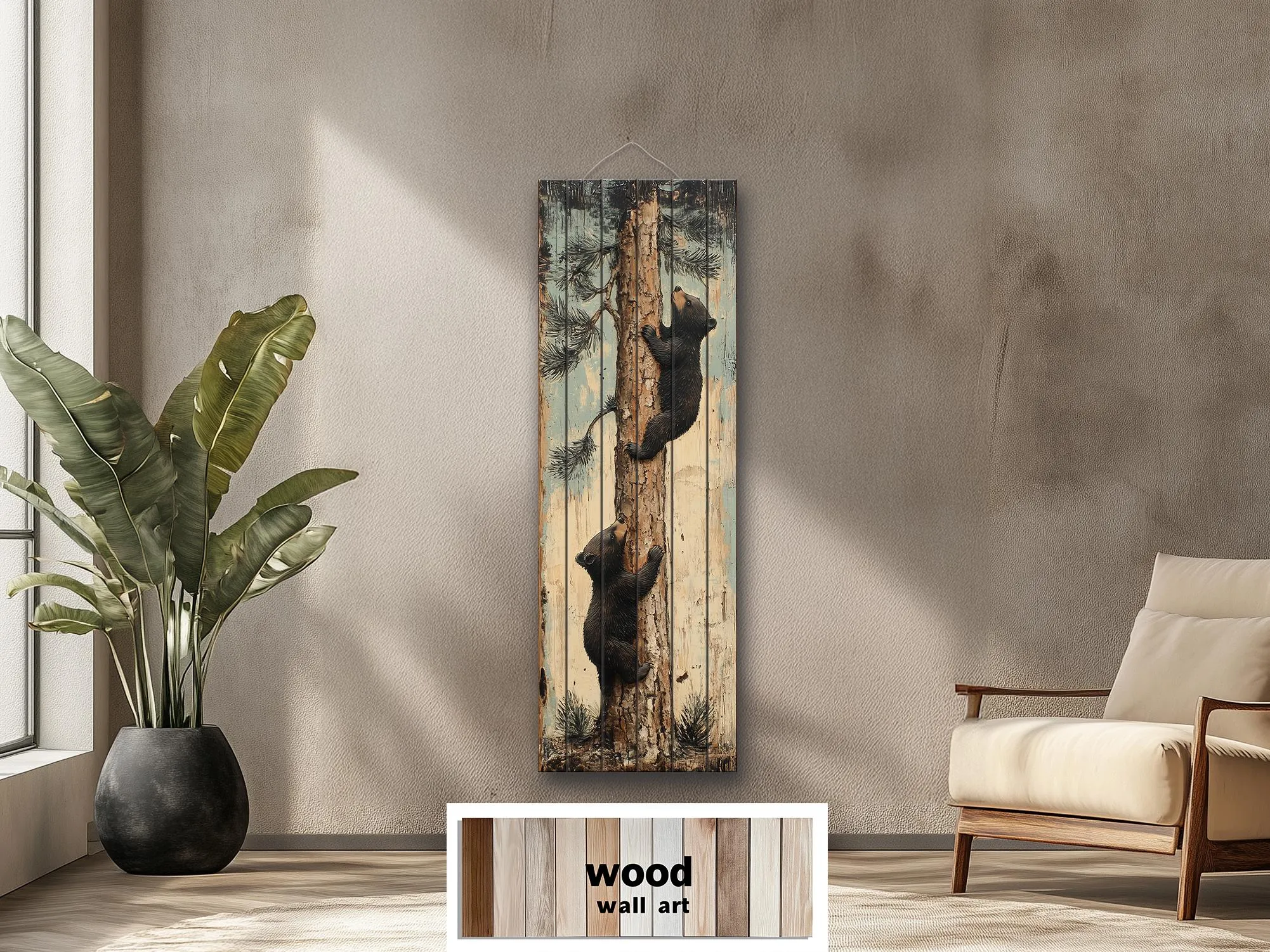 Bear Cubs Climbing Pine Tree Vertical Wood Wall Art