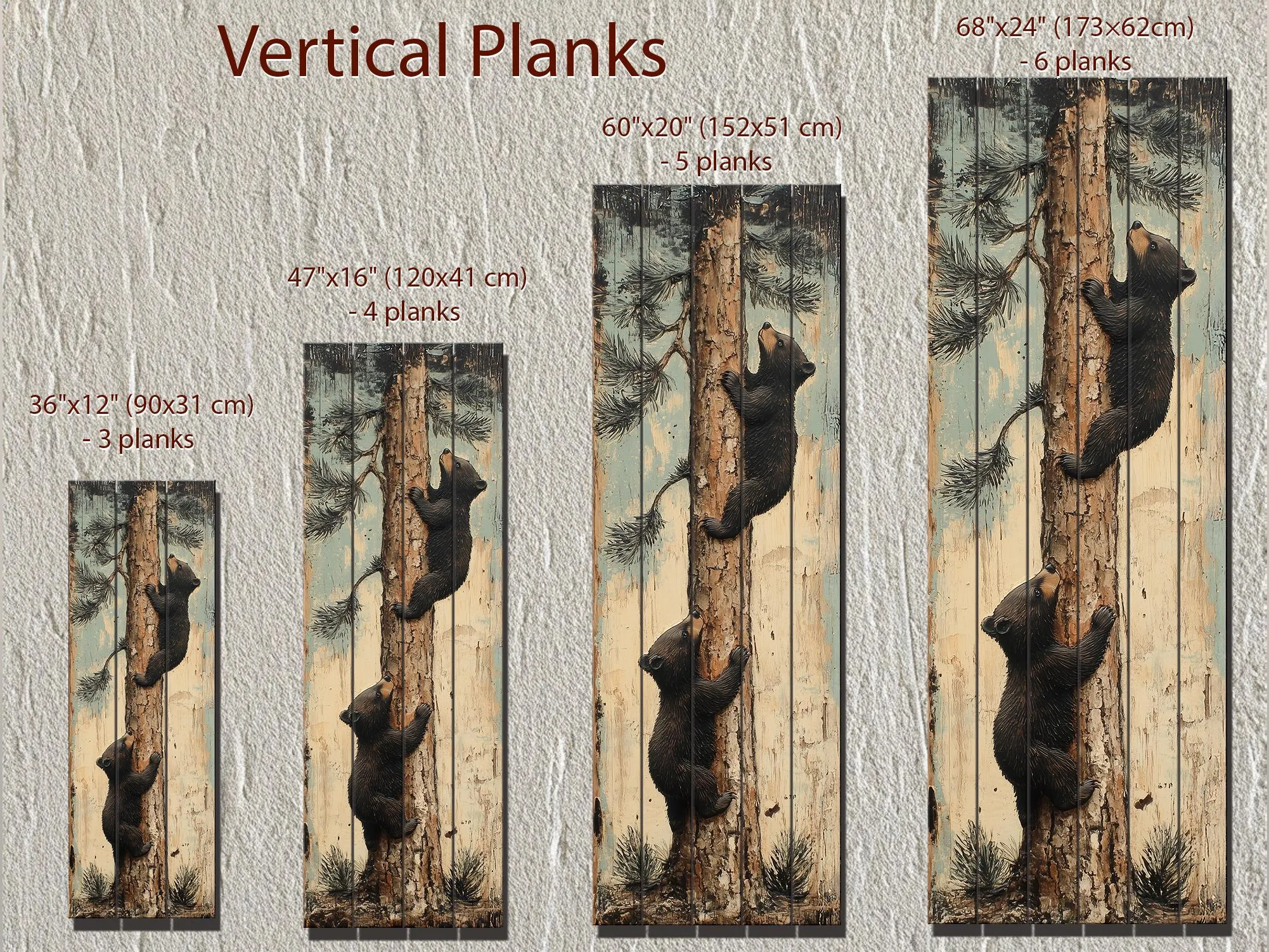 Bear Cubs Climbing Pine Tree Vertical Wood Wall Art