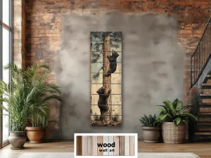 Bear Cubs Climbing Pine Tree Vertical Wood Wall Art