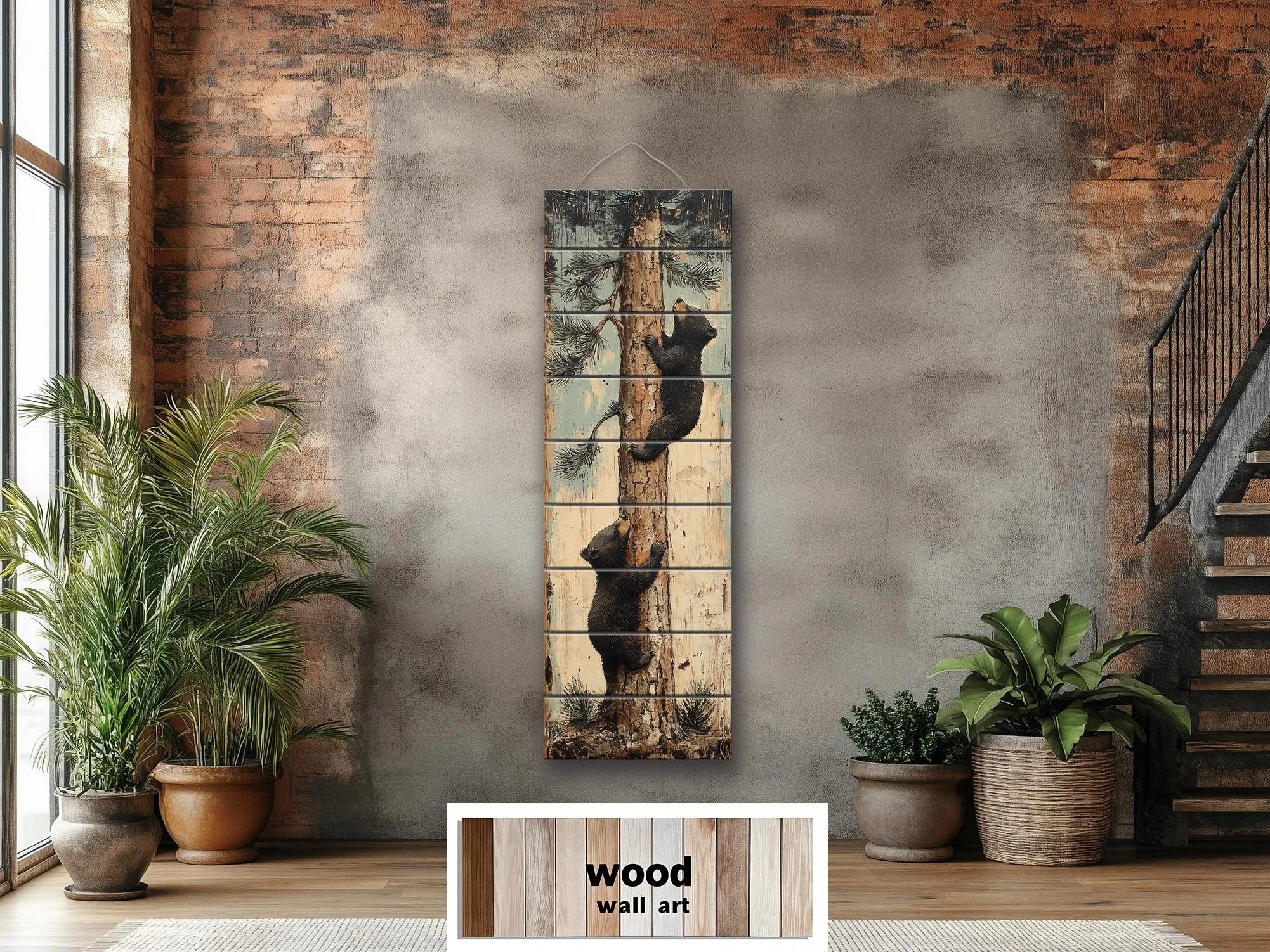 Bear Cubs Climbing Pine Tree Vertical Wood Wall Art