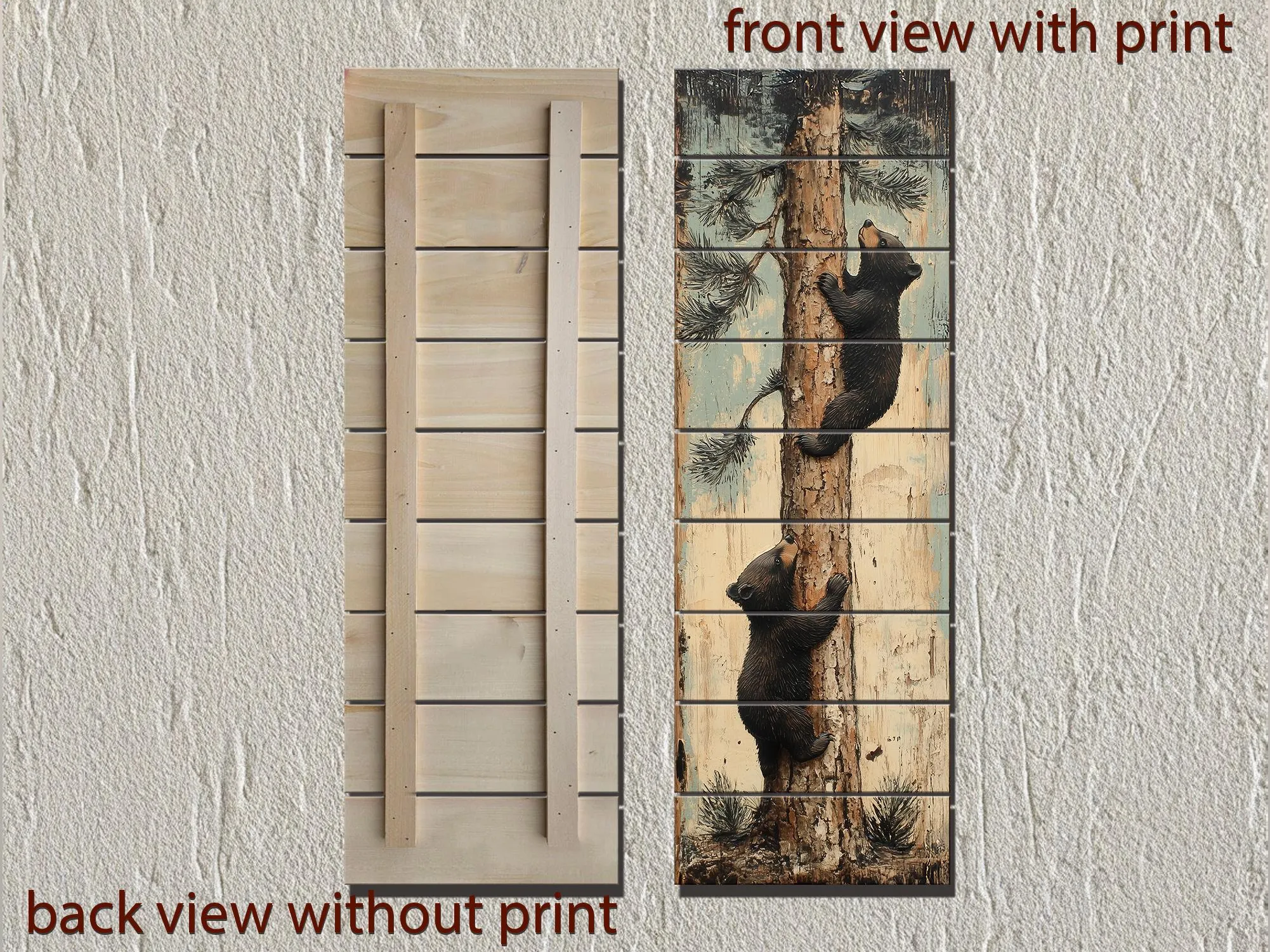 Bear Cubs Climbing Pine Tree Vertical Wood Wall Art