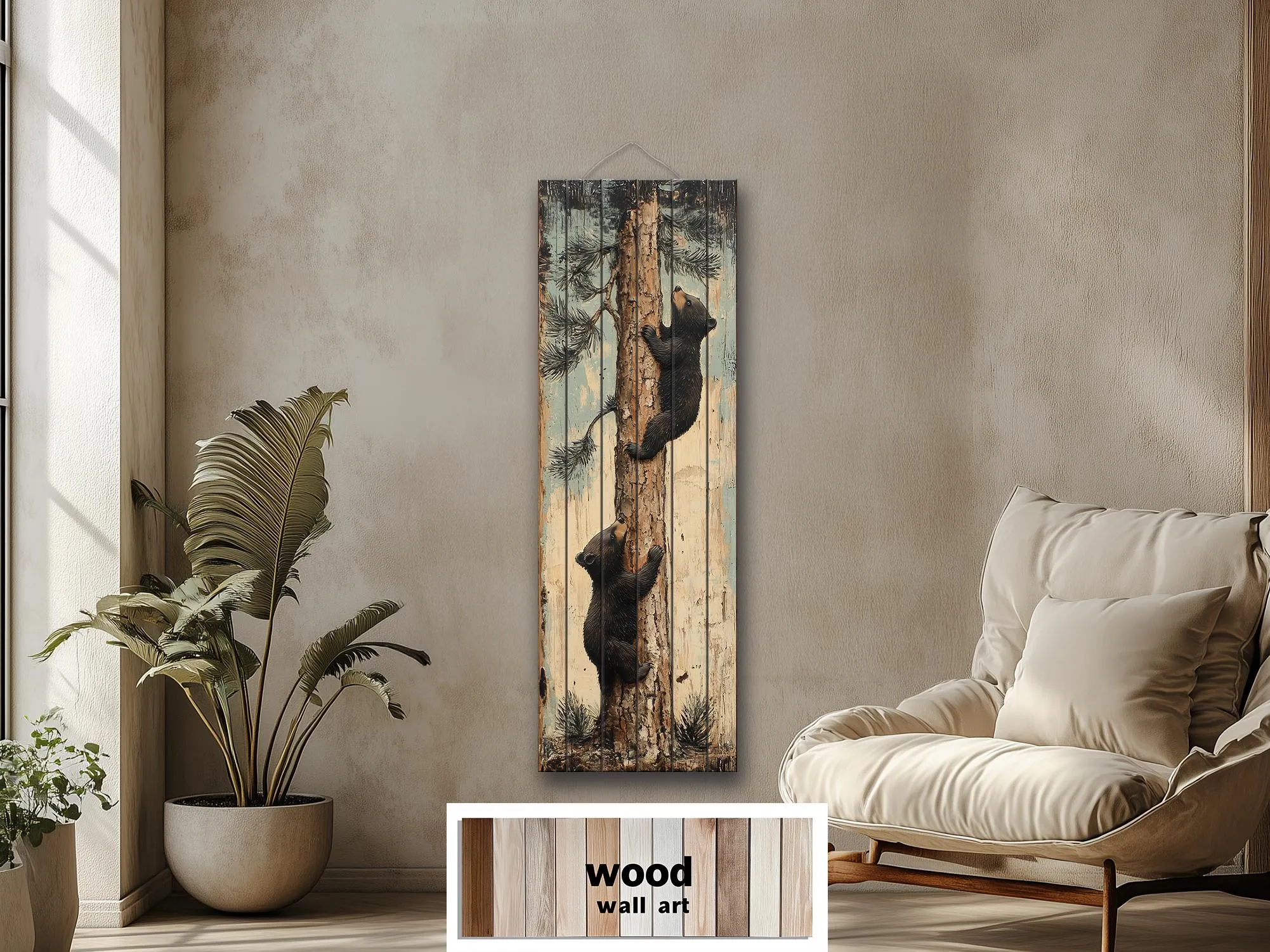 Bear Cubs Climbing Pine Tree Vertical Wood Wall Art