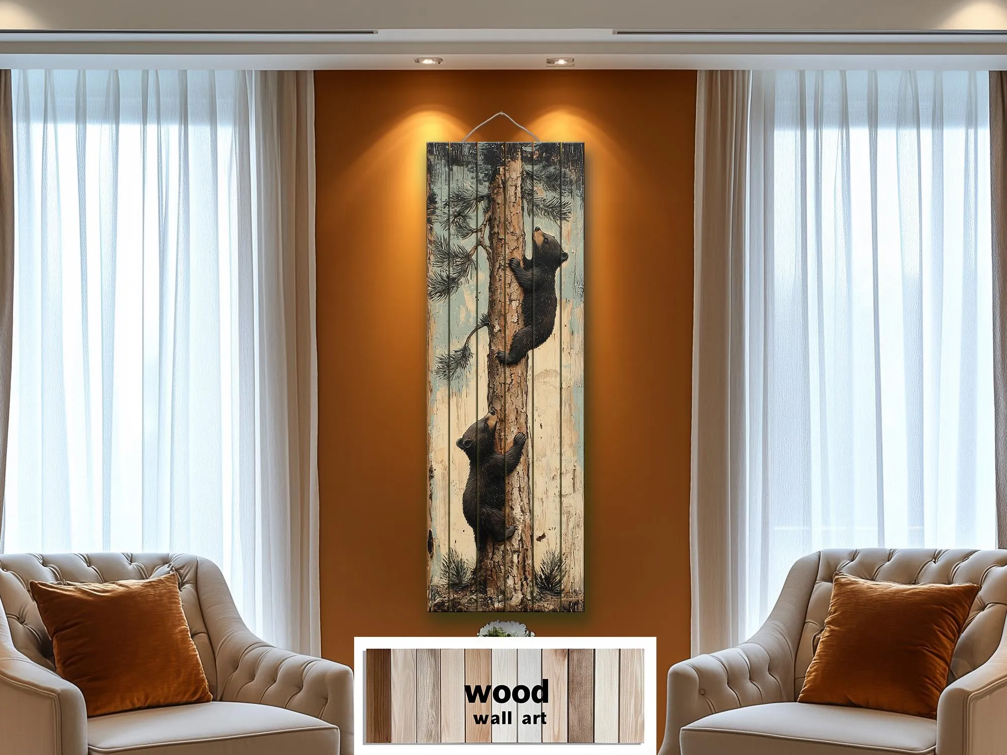 Bear Cubs Climbing Pine Tree Vertical Wood Wall Art