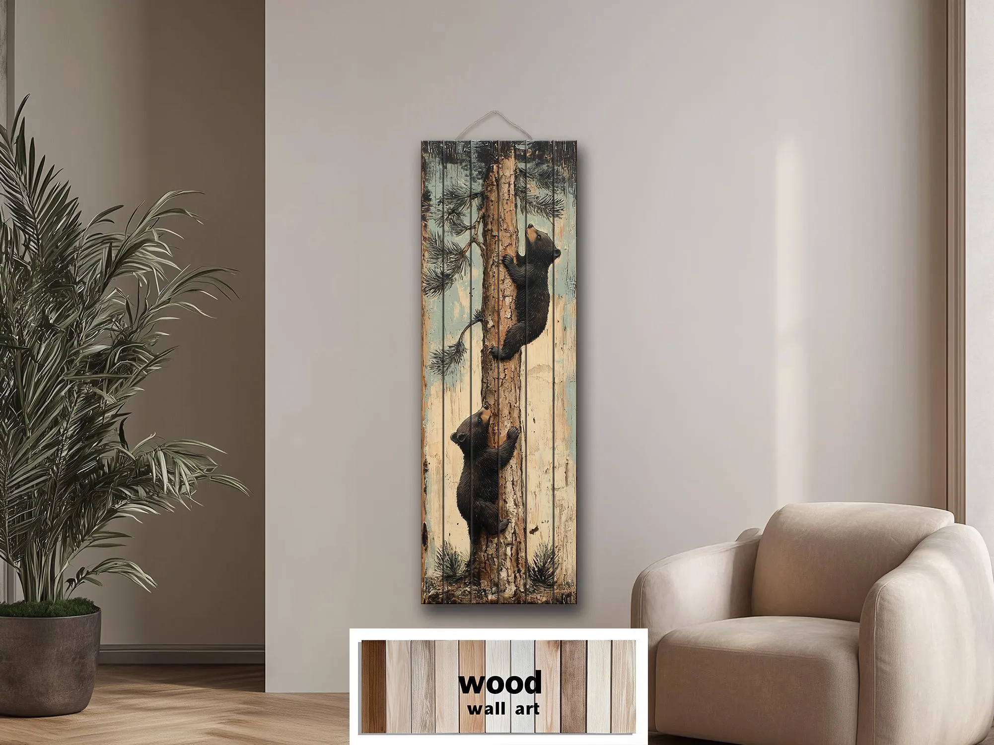 Bear Cubs Climbing Pine Tree Vertical Wood Wall Art