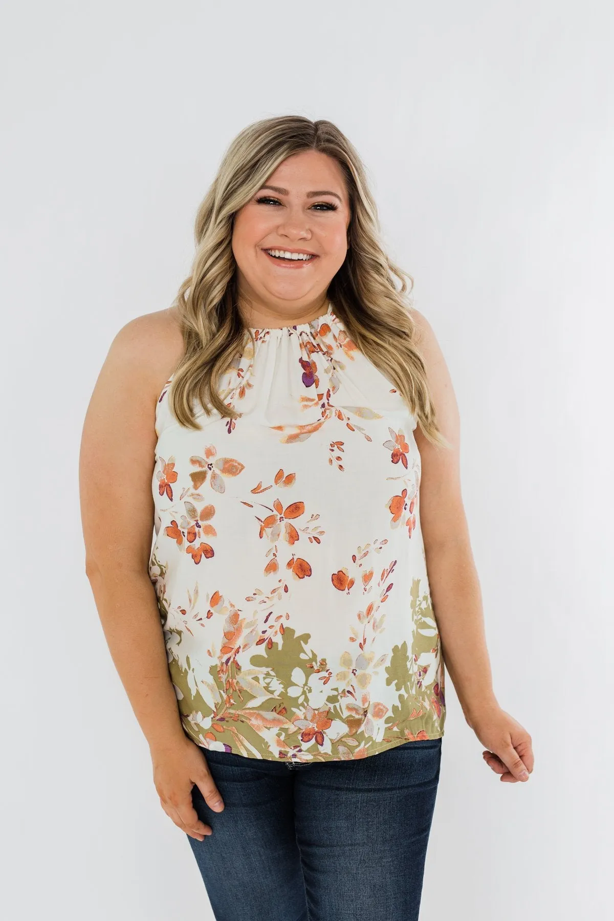 Beautiful Blooms Floral Halter Tank Top- Ivory & Olive