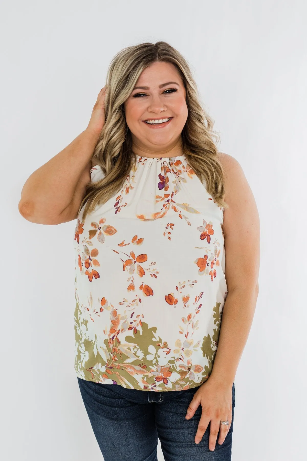 Beautiful Blooms Floral Halter Tank Top- Ivory & Olive