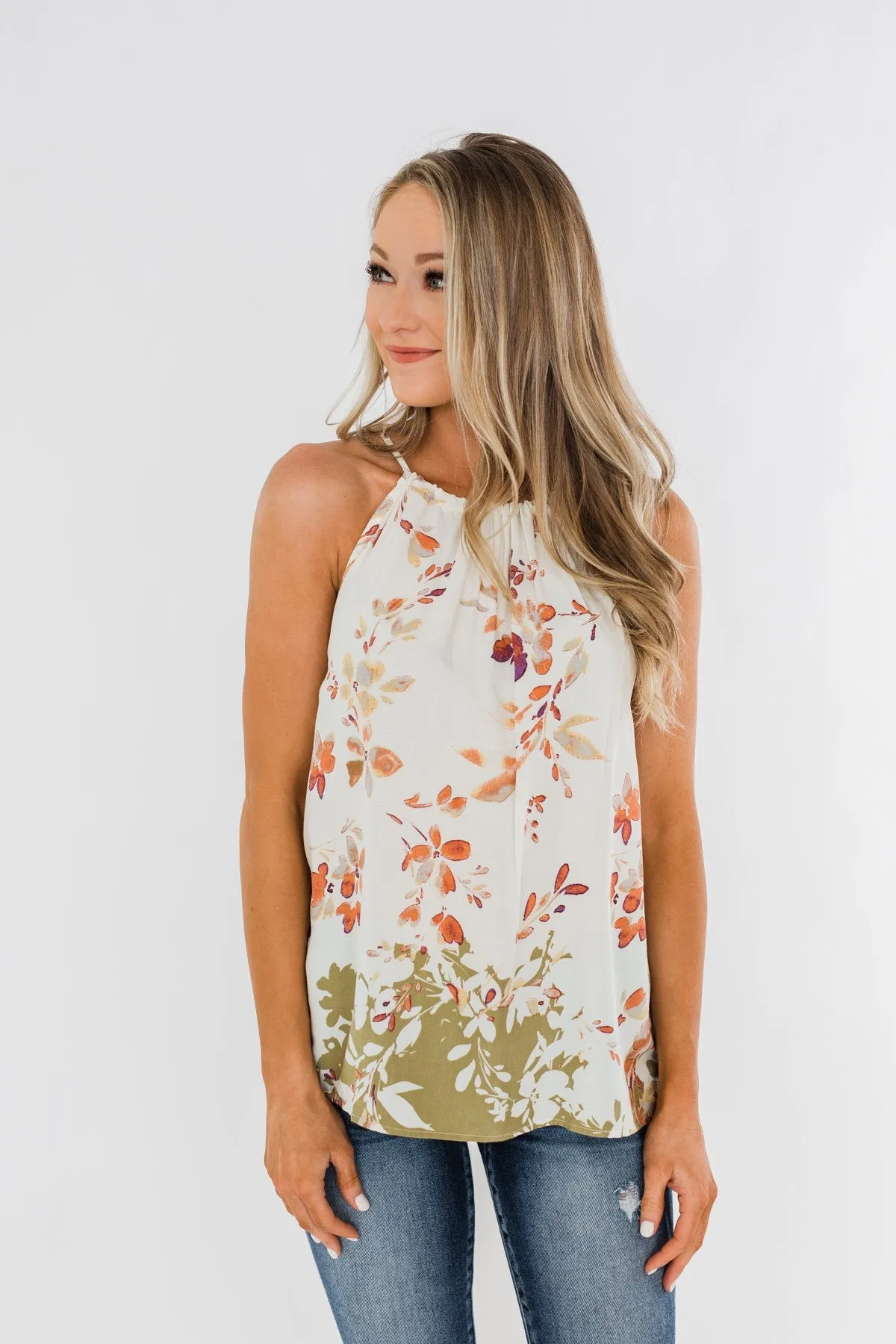Beautiful Blooms Floral Halter Tank Top- Ivory & Olive