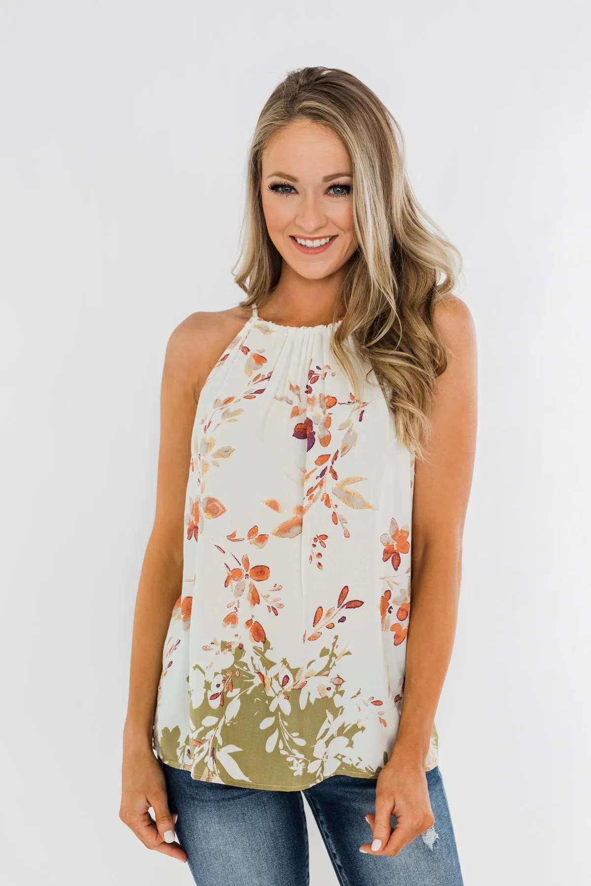 Beautiful Blooms Floral Halter Tank Top- Ivory & Olive