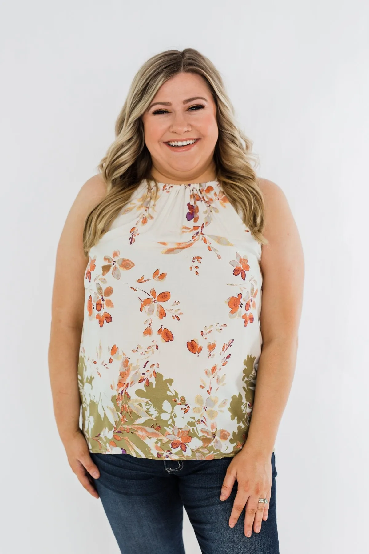 Beautiful Blooms Floral Halter Tank Top- Ivory & Olive