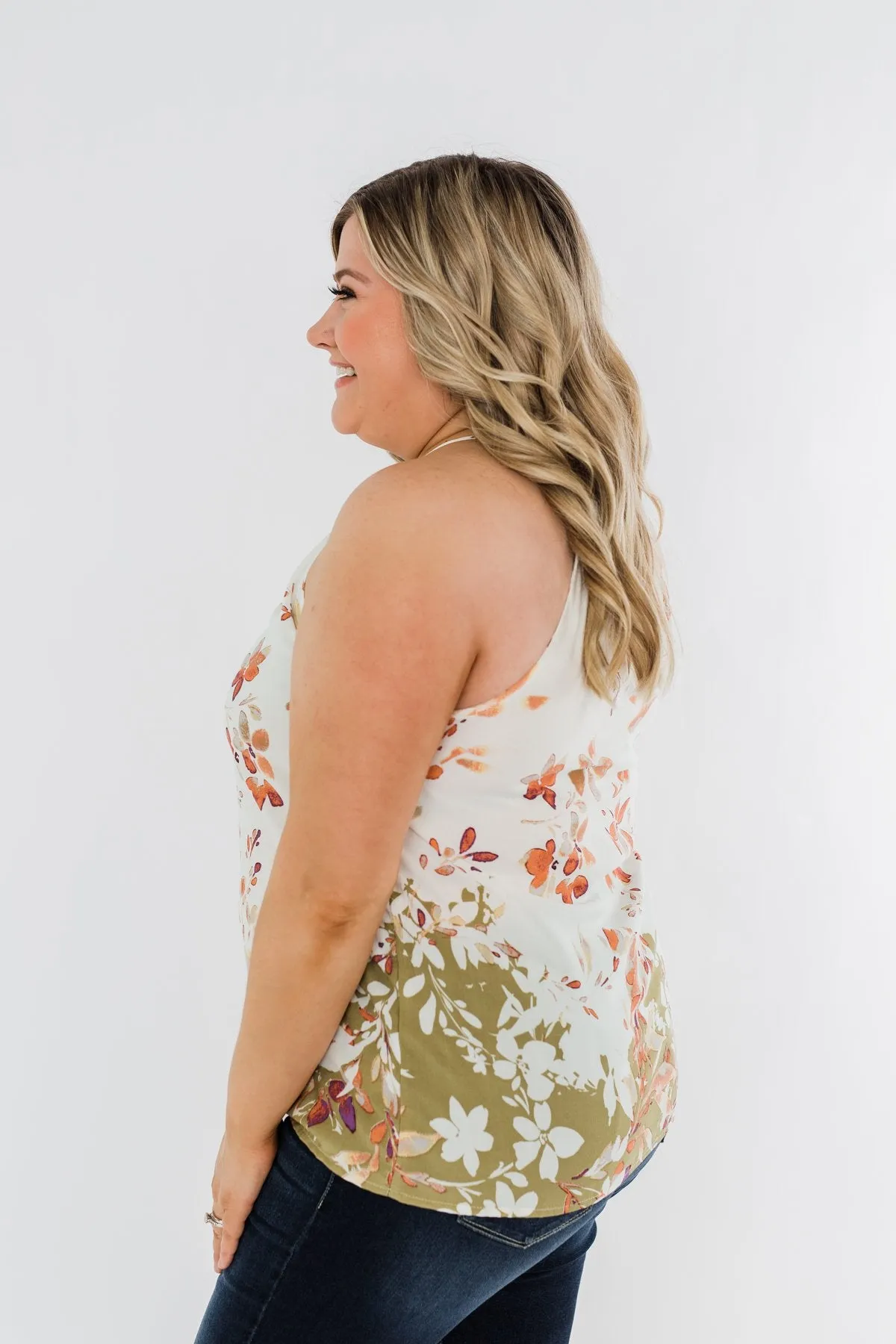Beautiful Blooms Floral Halter Tank Top- Ivory & Olive