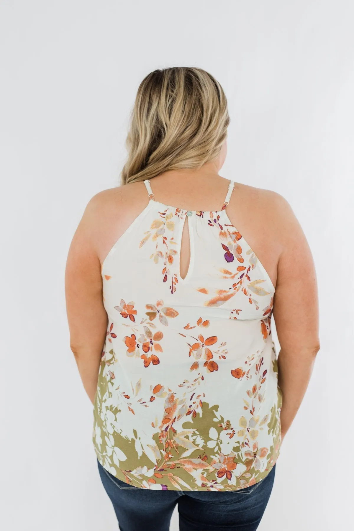 Beautiful Blooms Floral Halter Tank Top- Ivory & Olive