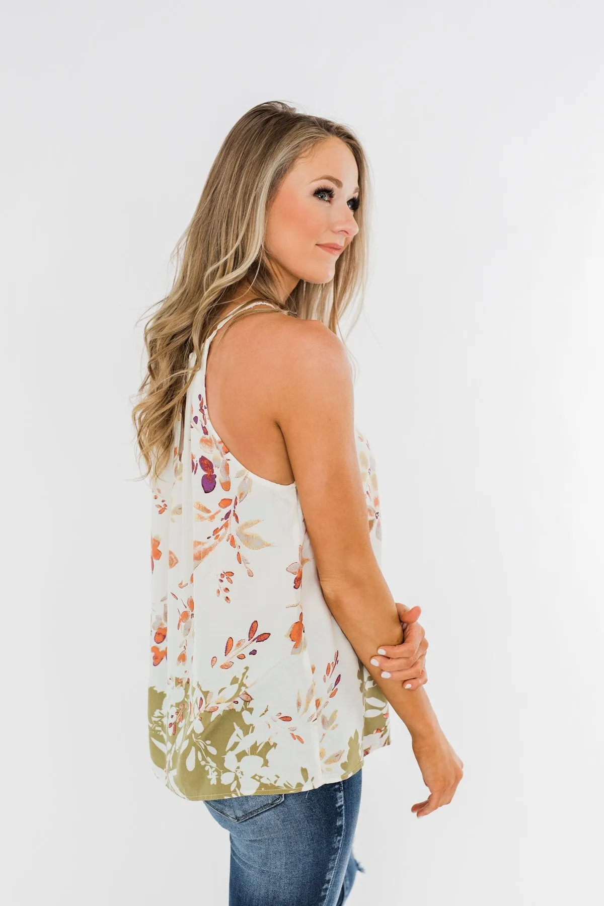 Beautiful Blooms Floral Halter Tank Top- Ivory & Olive