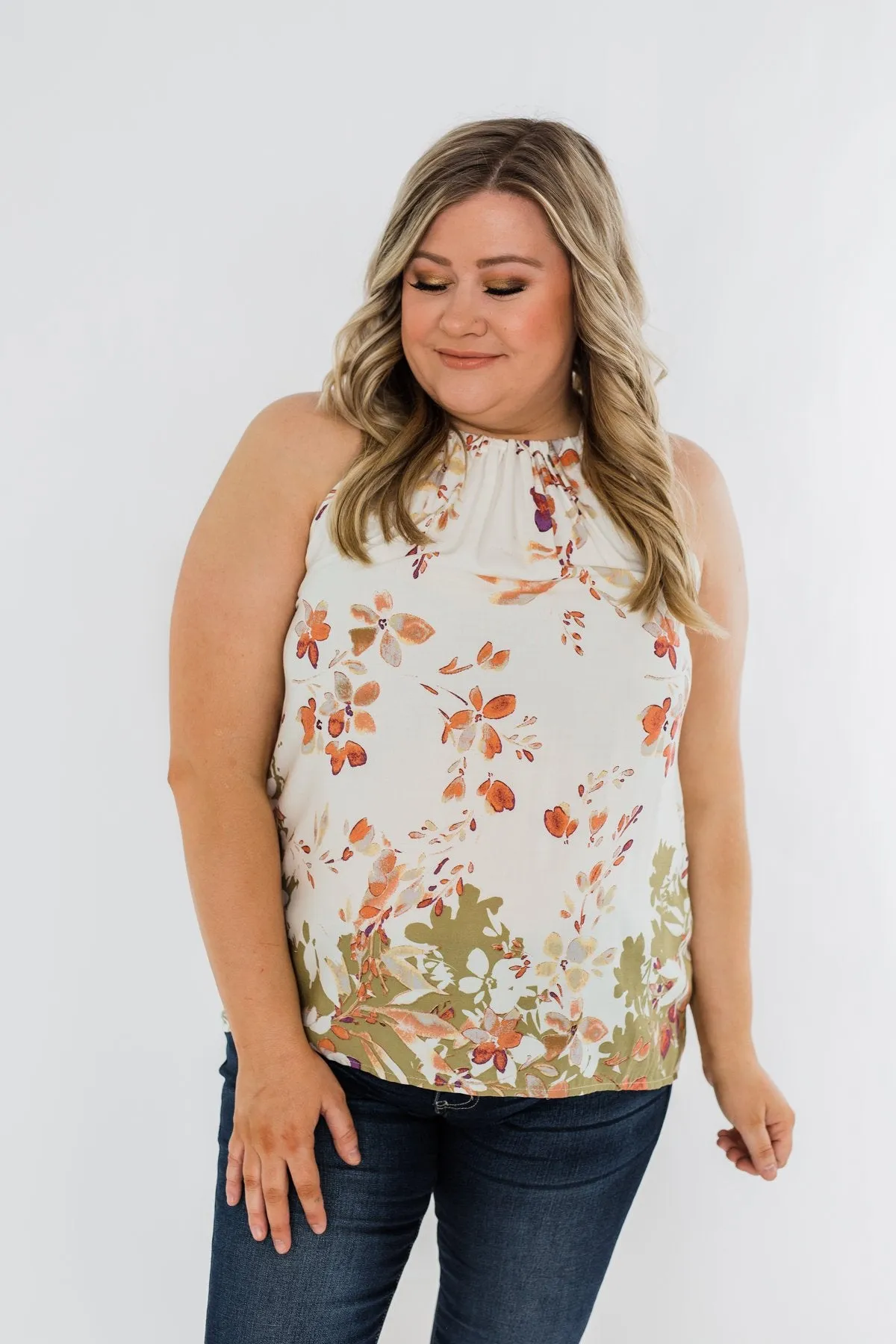 Beautiful Blooms Floral Halter Tank Top- Ivory & Olive