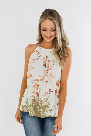 Beautiful Blooms Floral Halter Tank Top- Ivory & Olive