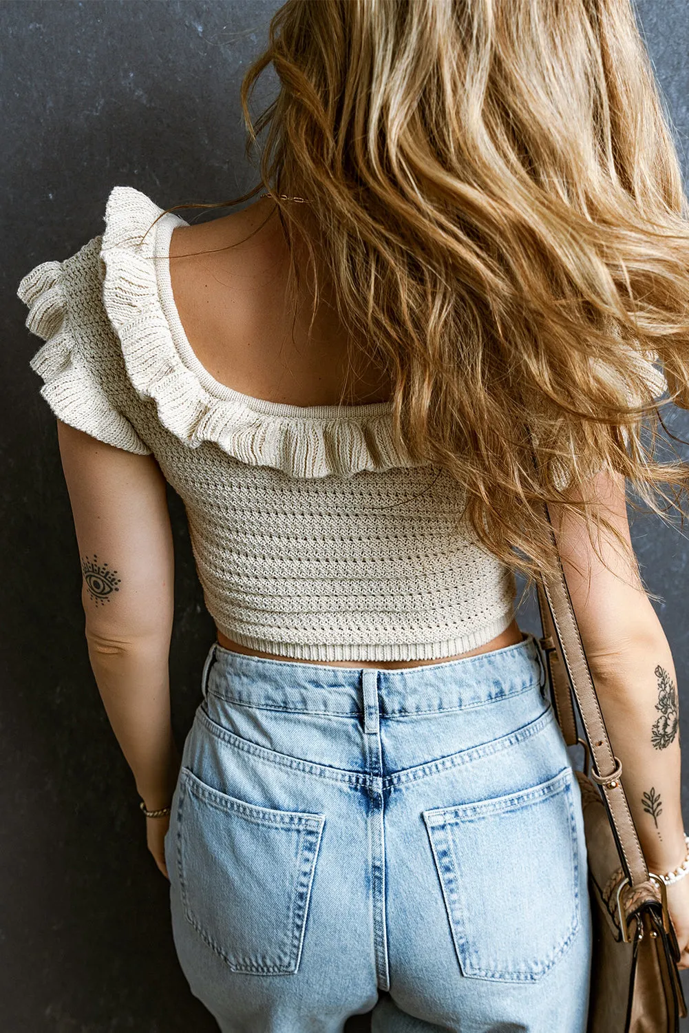 Beige Ruffled Short Sleeve U Neck Textured Sheath Crop Top
