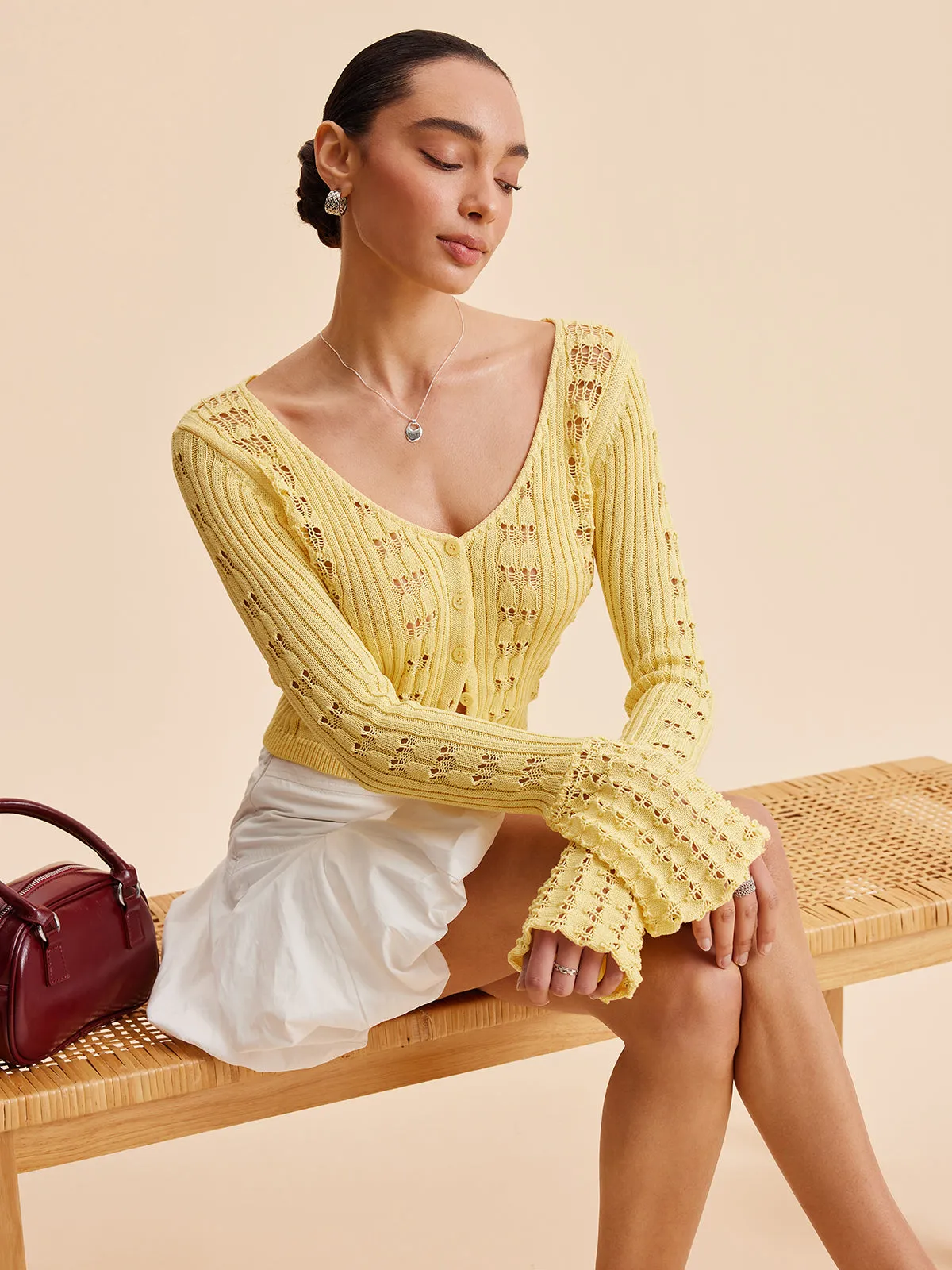 Bell Sleeve Crochet Knit Cardigan