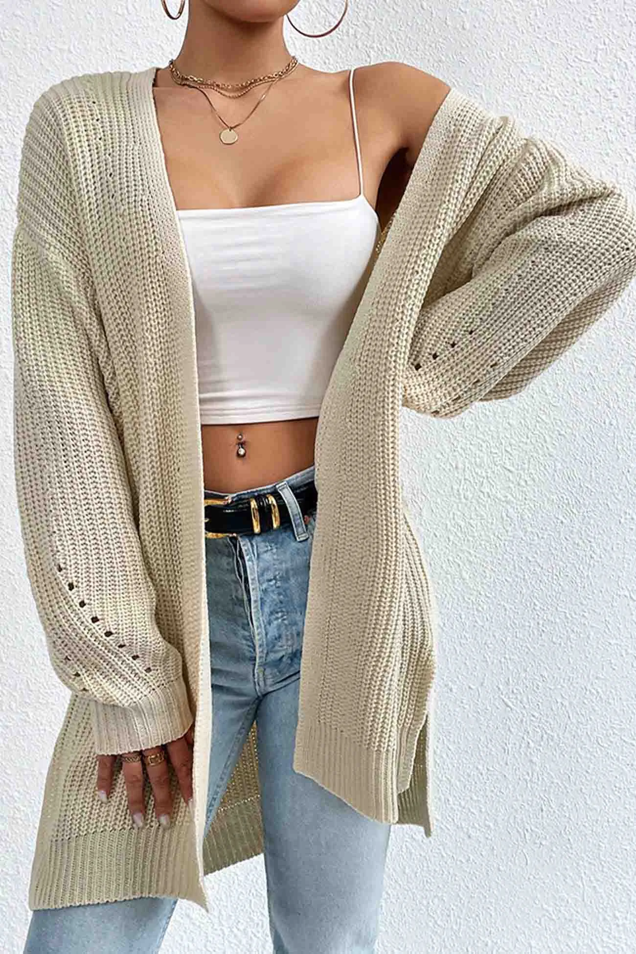 BerryBetty - Solid Open Front Mid-Length Cardigan