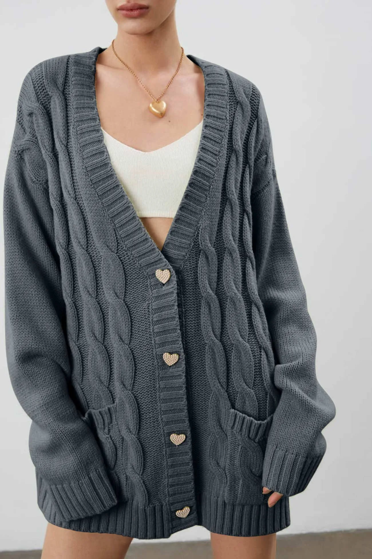 BerryBetty - Solid Single-breasted Cable Knit Cardigan