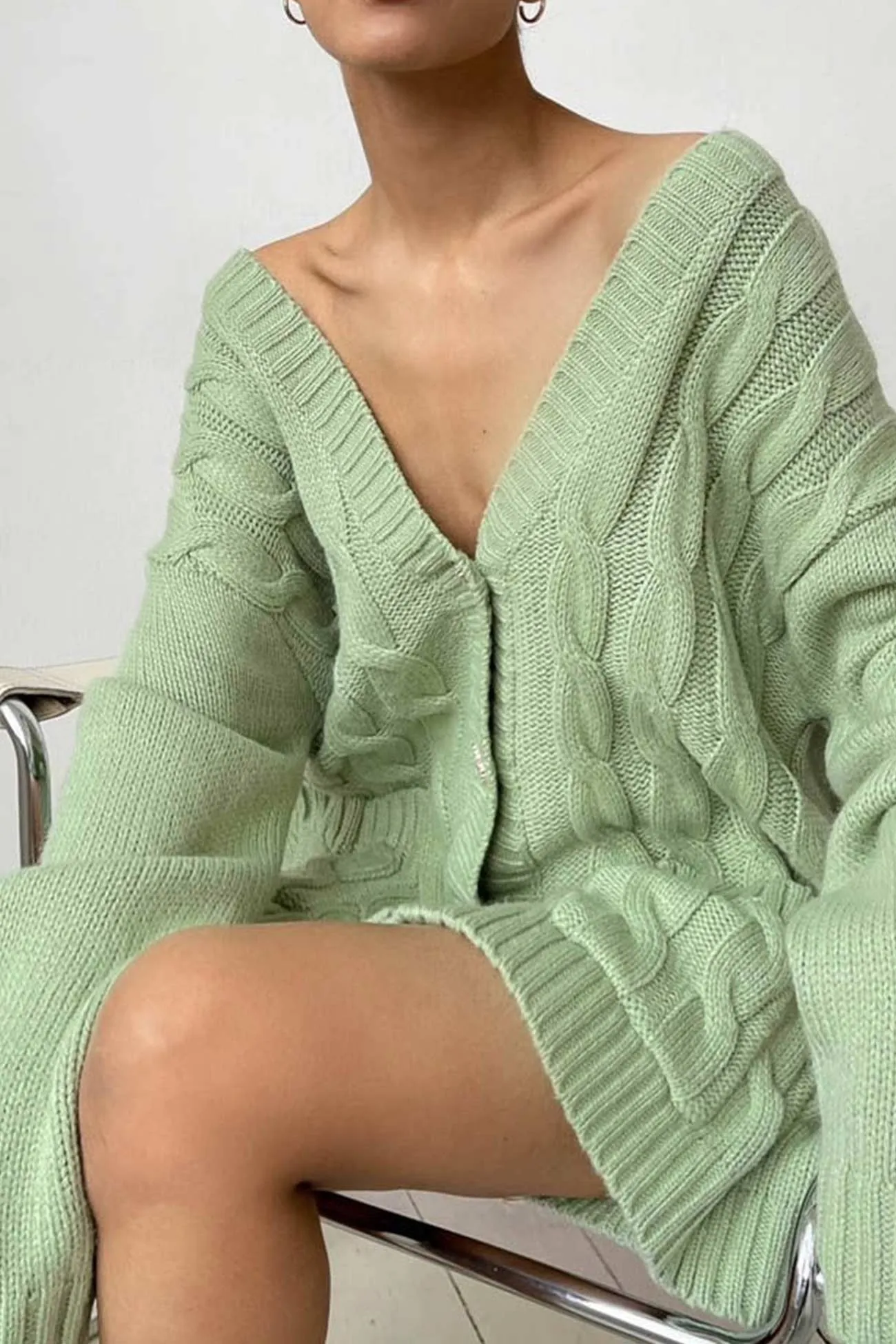 BerryBetty - Solid Single-breasted Cable Knit Cardigan