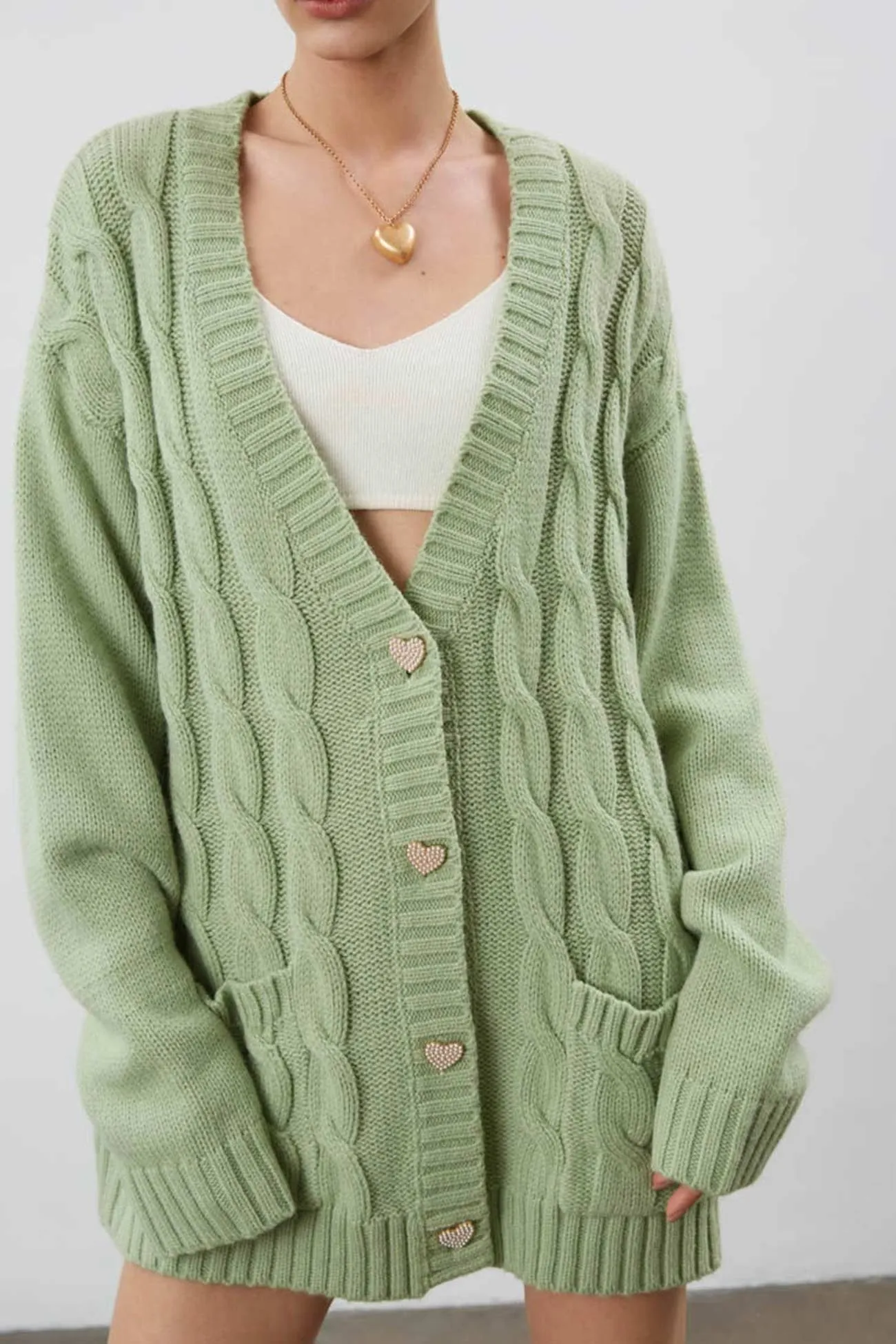 BerryBetty - Solid Single-breasted Cable Knit Cardigan