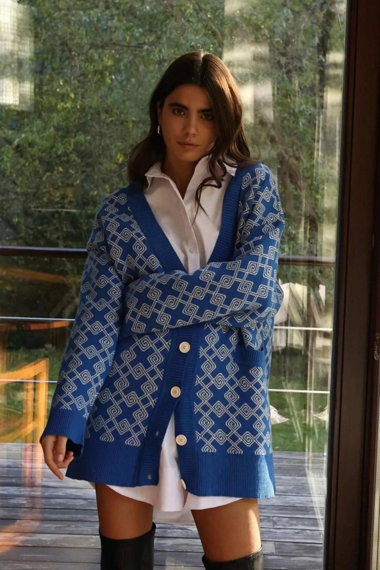 BerryBetty - V Neck Geometric Pattern Cardigan