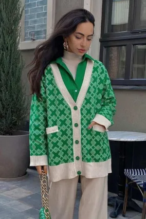 BerryBetty - V Neck Geometric Pattern Cardigan