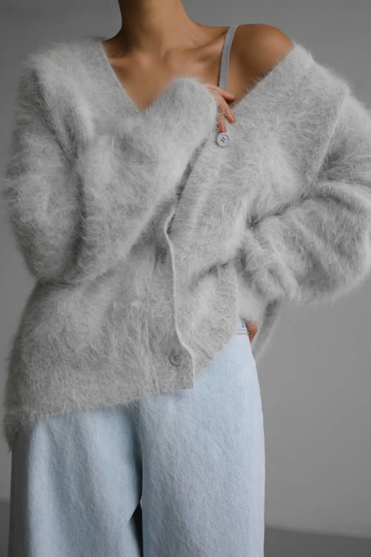 BerryBetty - V Neck Imitation Mink Hair Cardigan