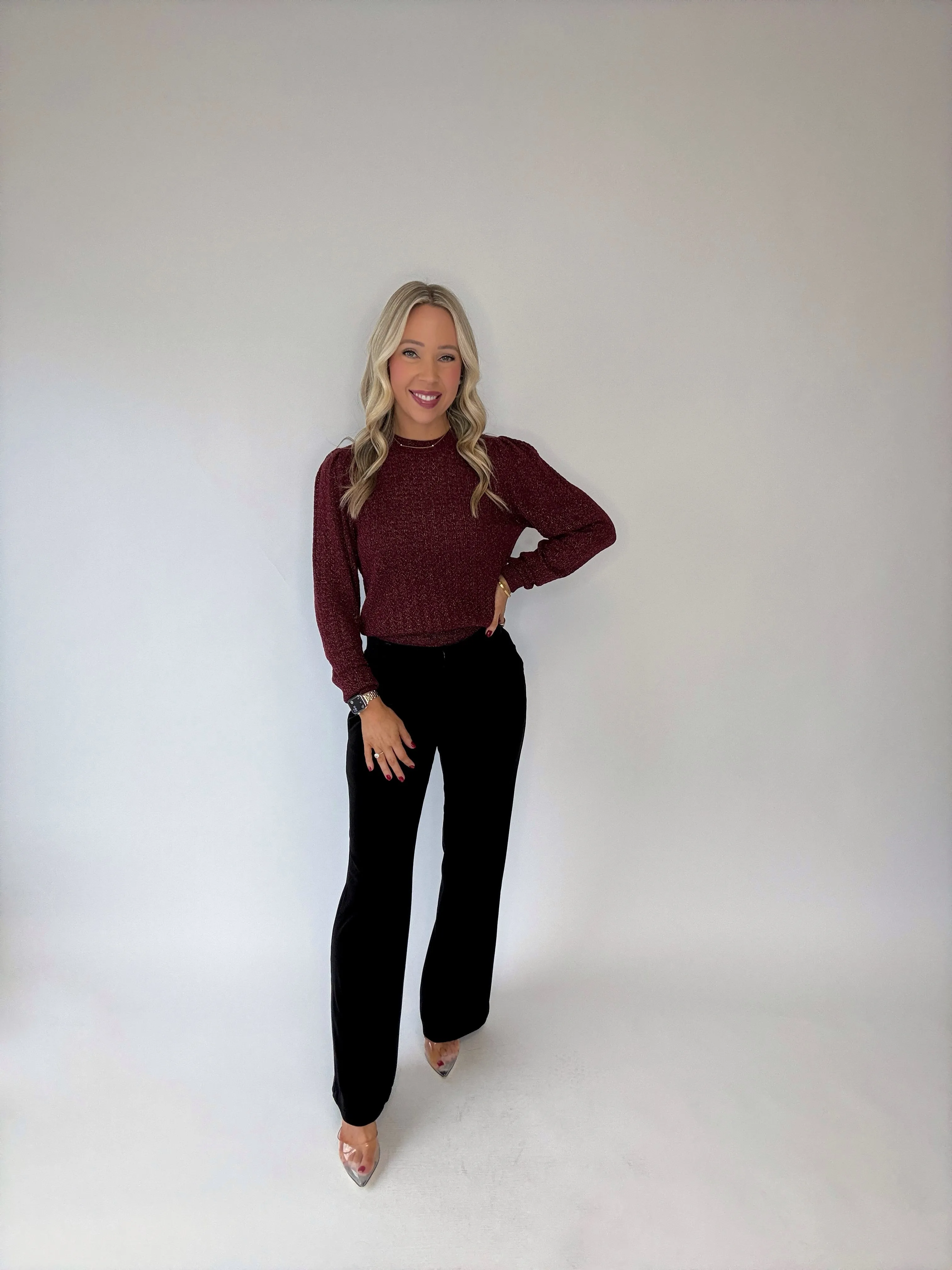 Bishop   Young Sienna Puff Sleeve Metallic Sweater - Bordeaux