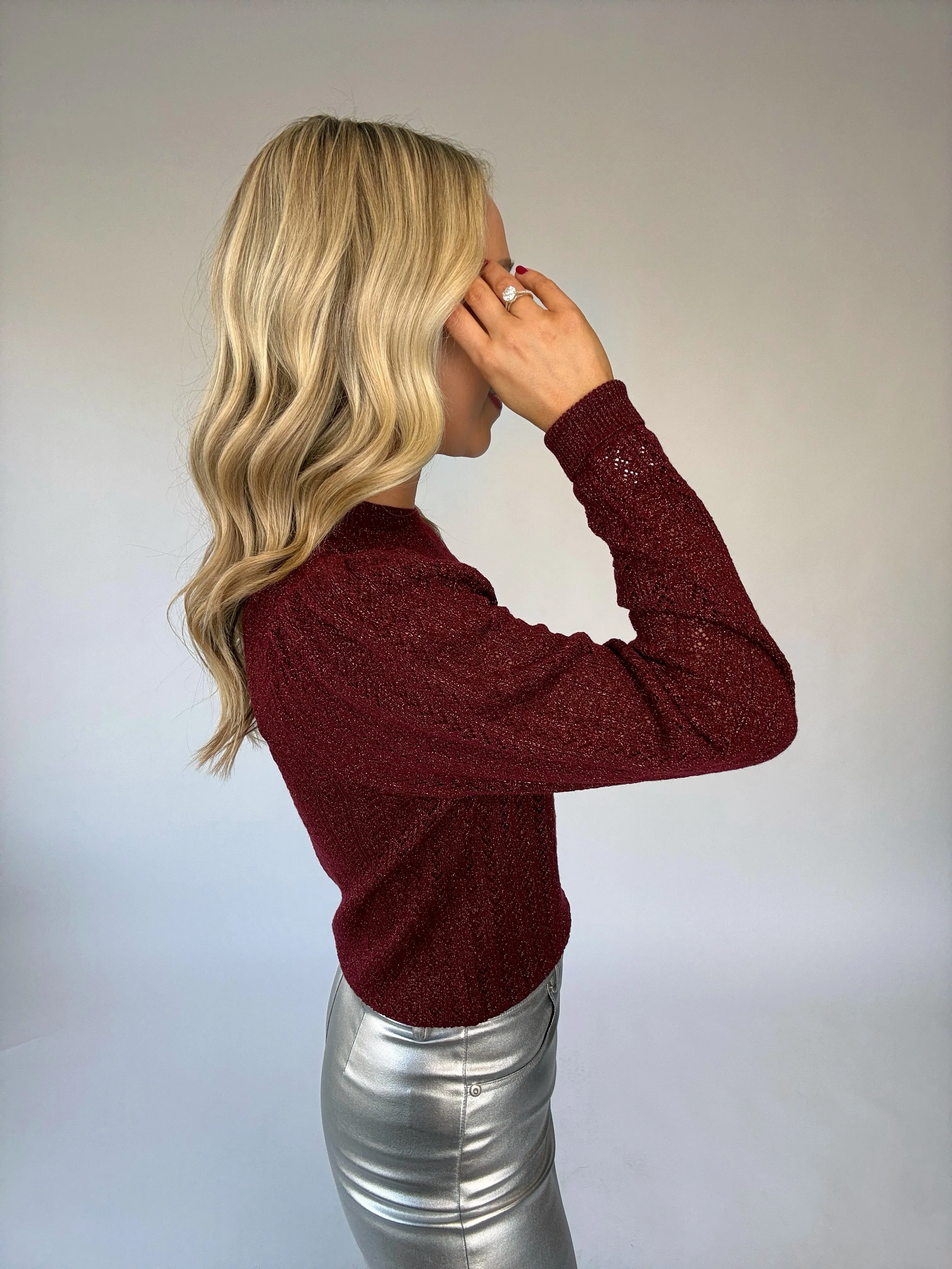 Bishop   Young Sienna Puff Sleeve Metallic Sweater - Bordeaux