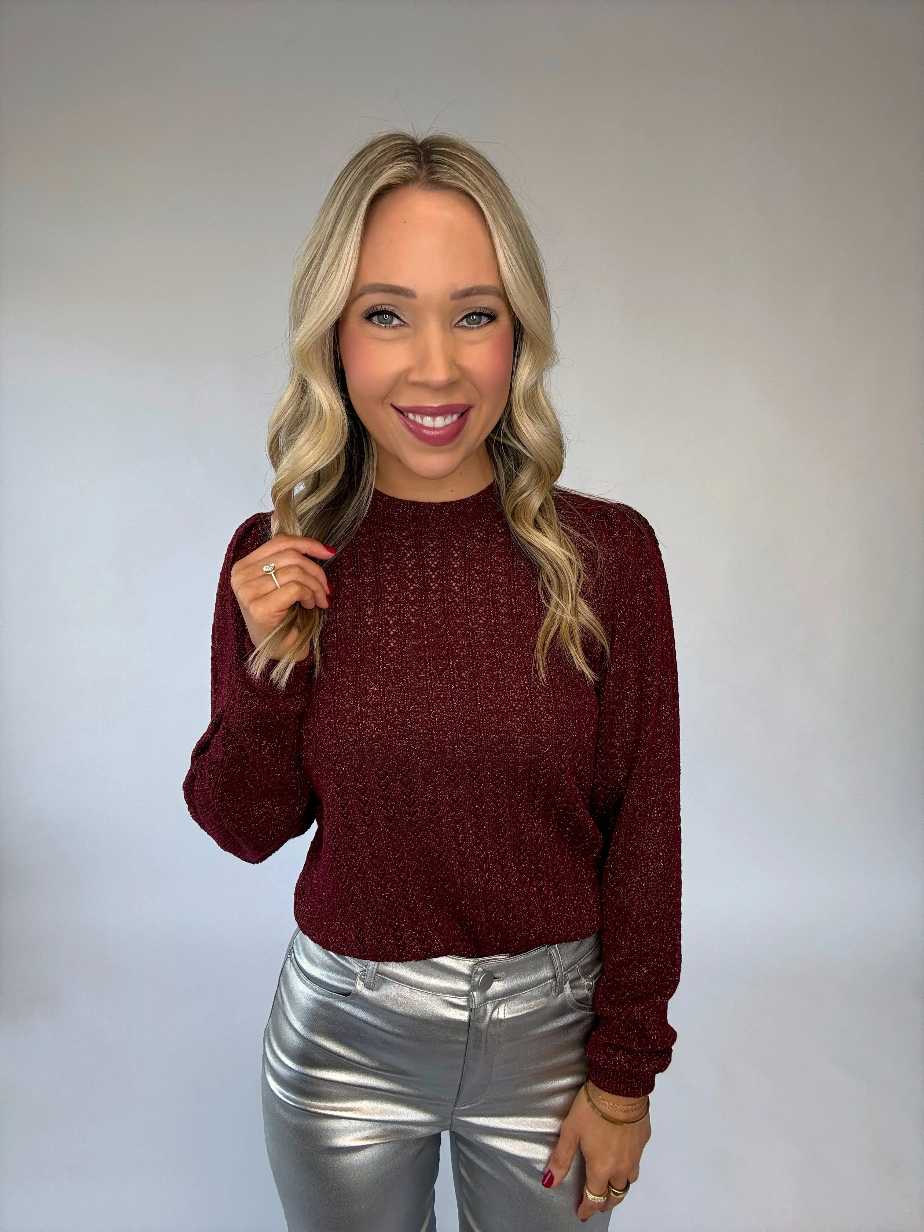 Bishop   Young Sienna Puff Sleeve Metallic Sweater - Bordeaux
