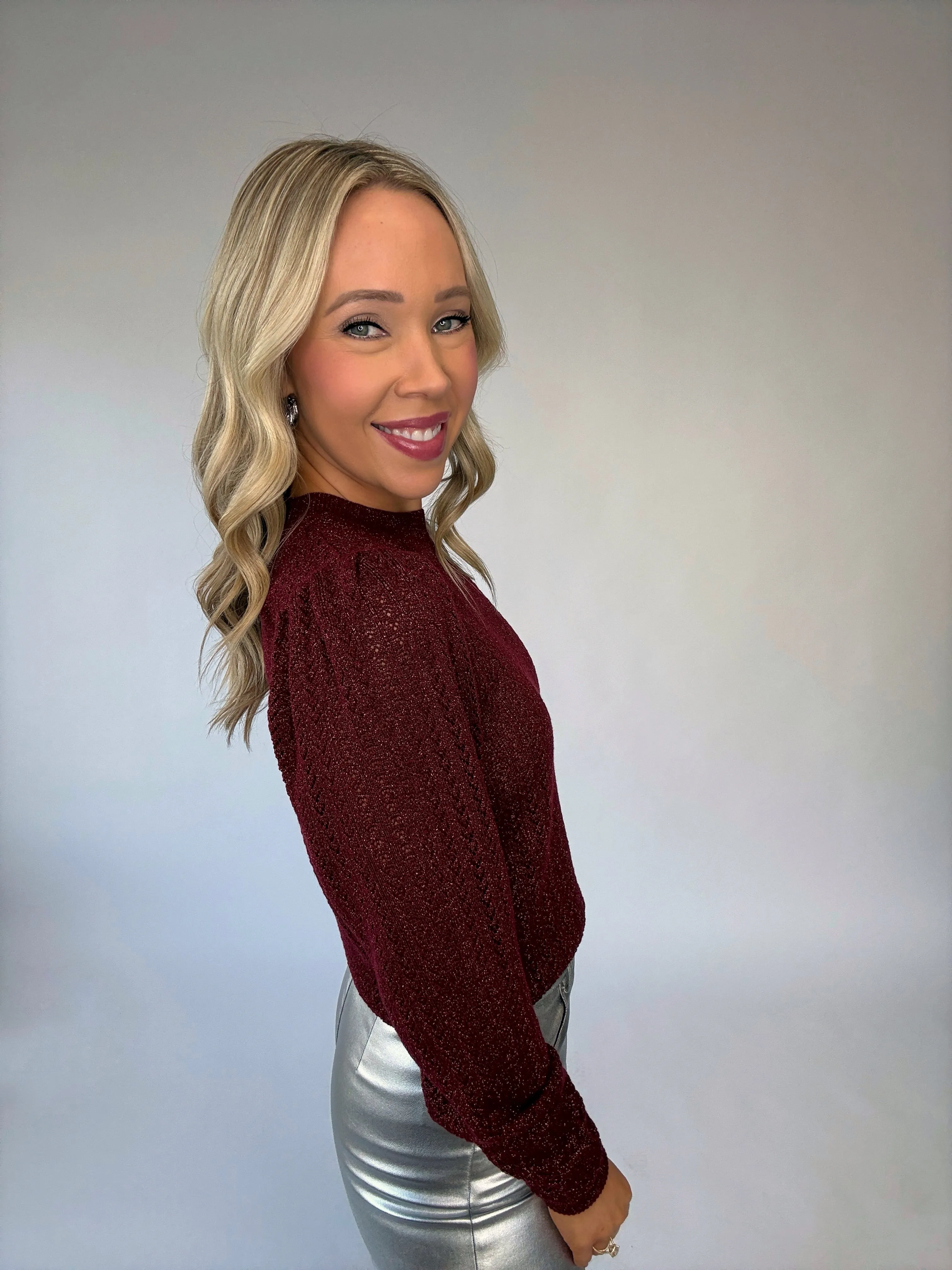 Bishop   Young Sienna Puff Sleeve Metallic Sweater - Bordeaux