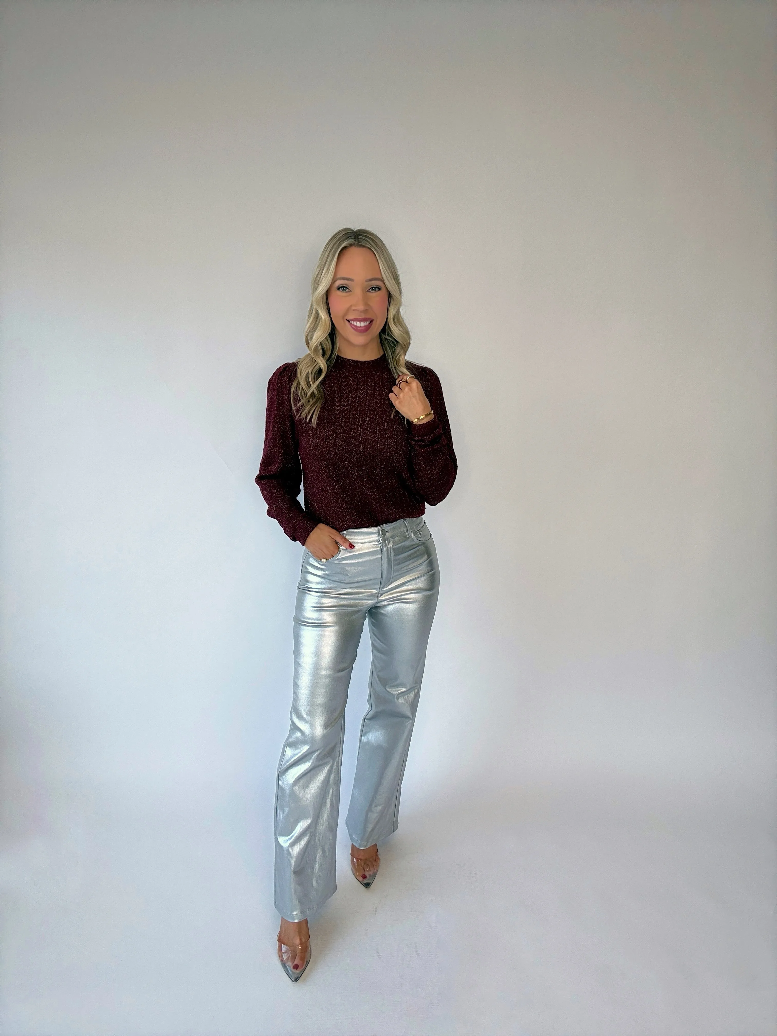 Bishop   Young Sienna Puff Sleeve Metallic Sweater - Bordeaux