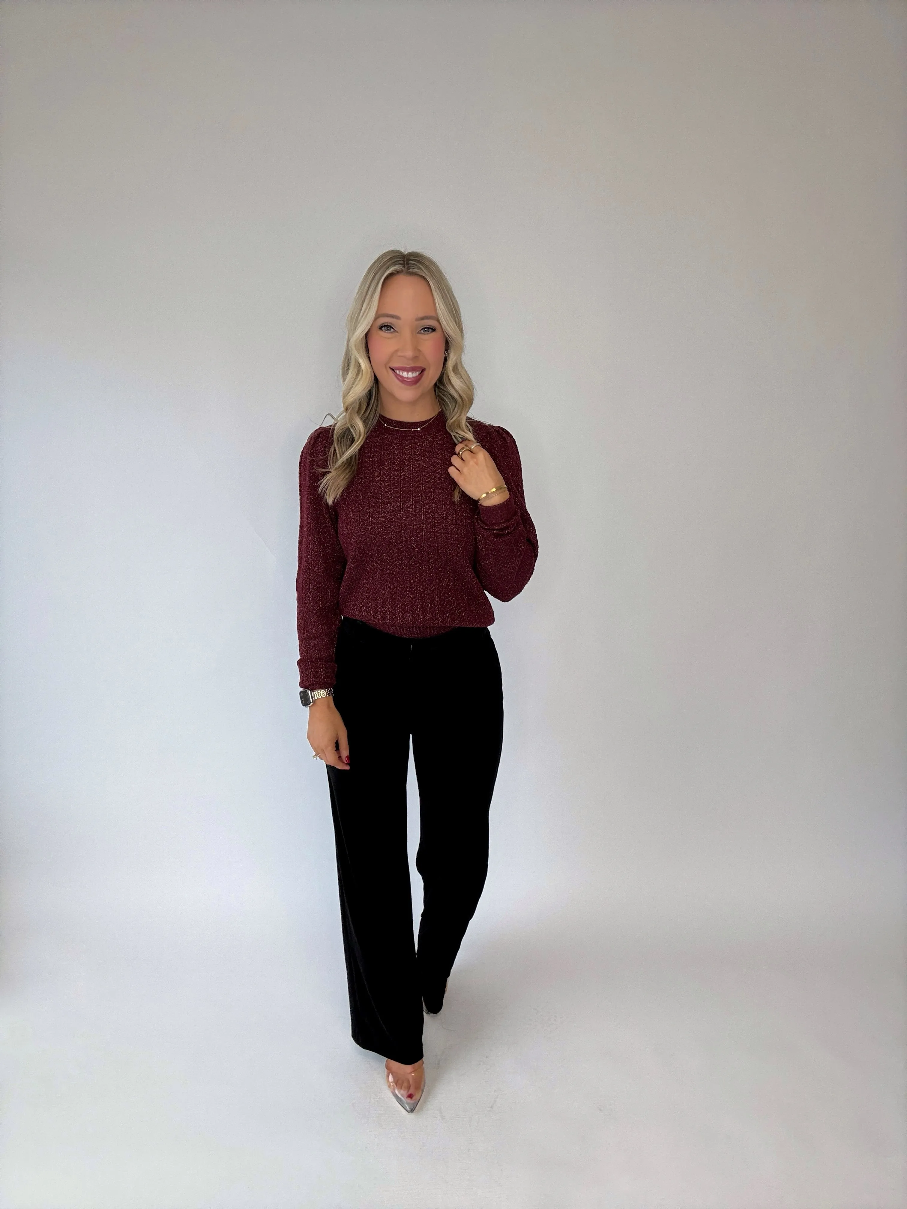 Bishop   Young Sienna Puff Sleeve Metallic Sweater - Bordeaux