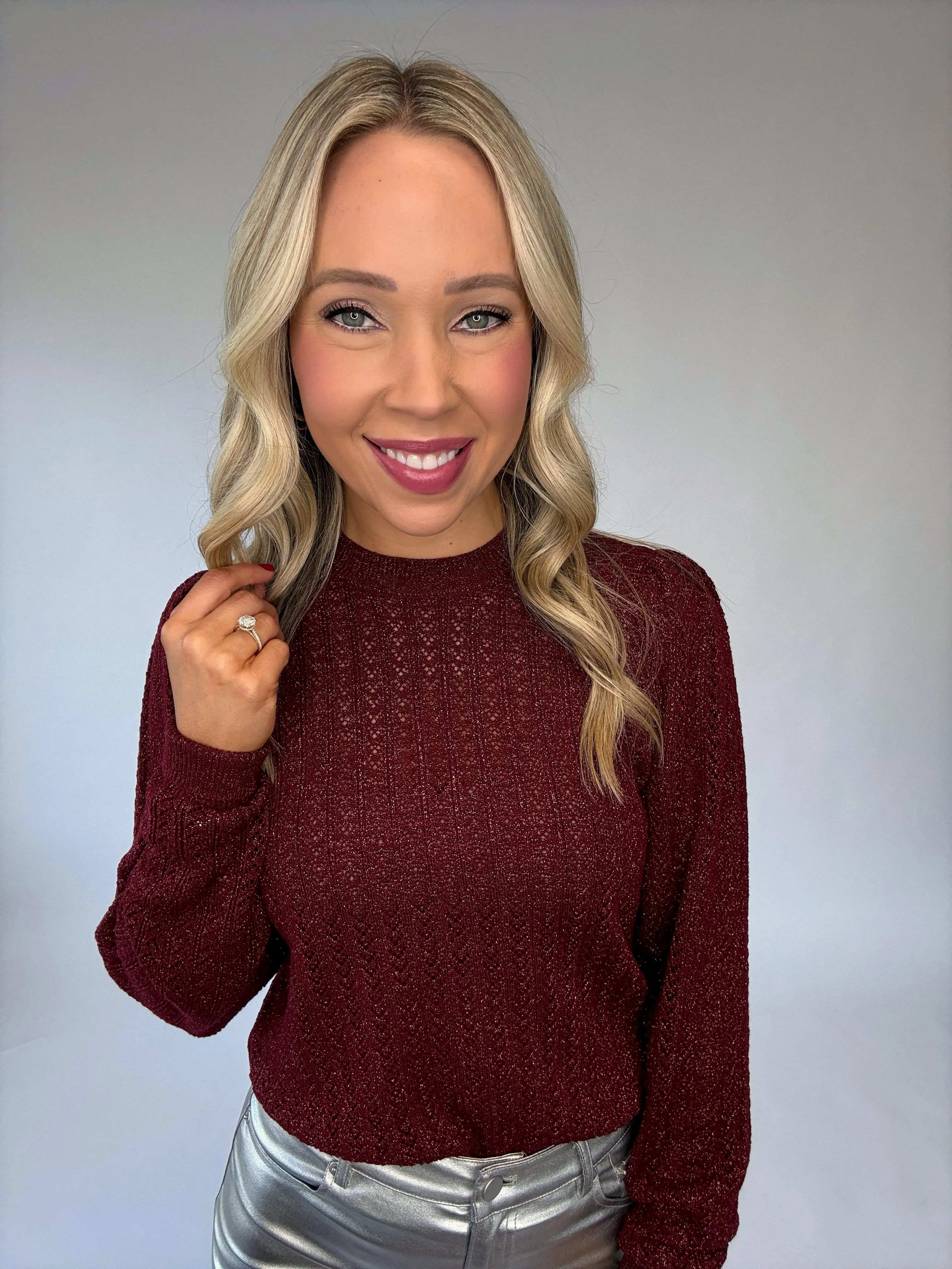 Bishop   Young Sienna Puff Sleeve Metallic Sweater - Bordeaux