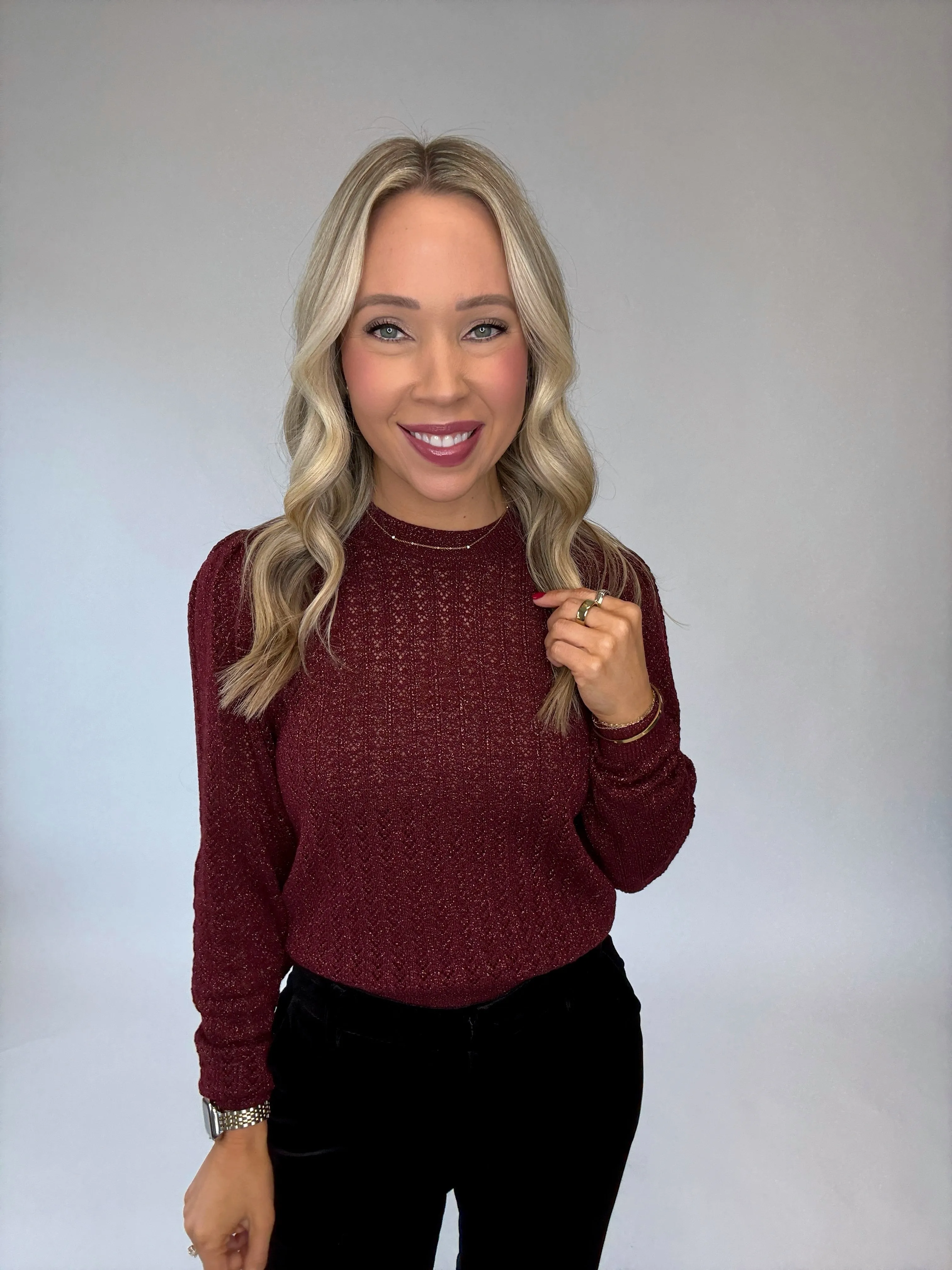Bishop   Young Sienna Puff Sleeve Metallic Sweater - Bordeaux