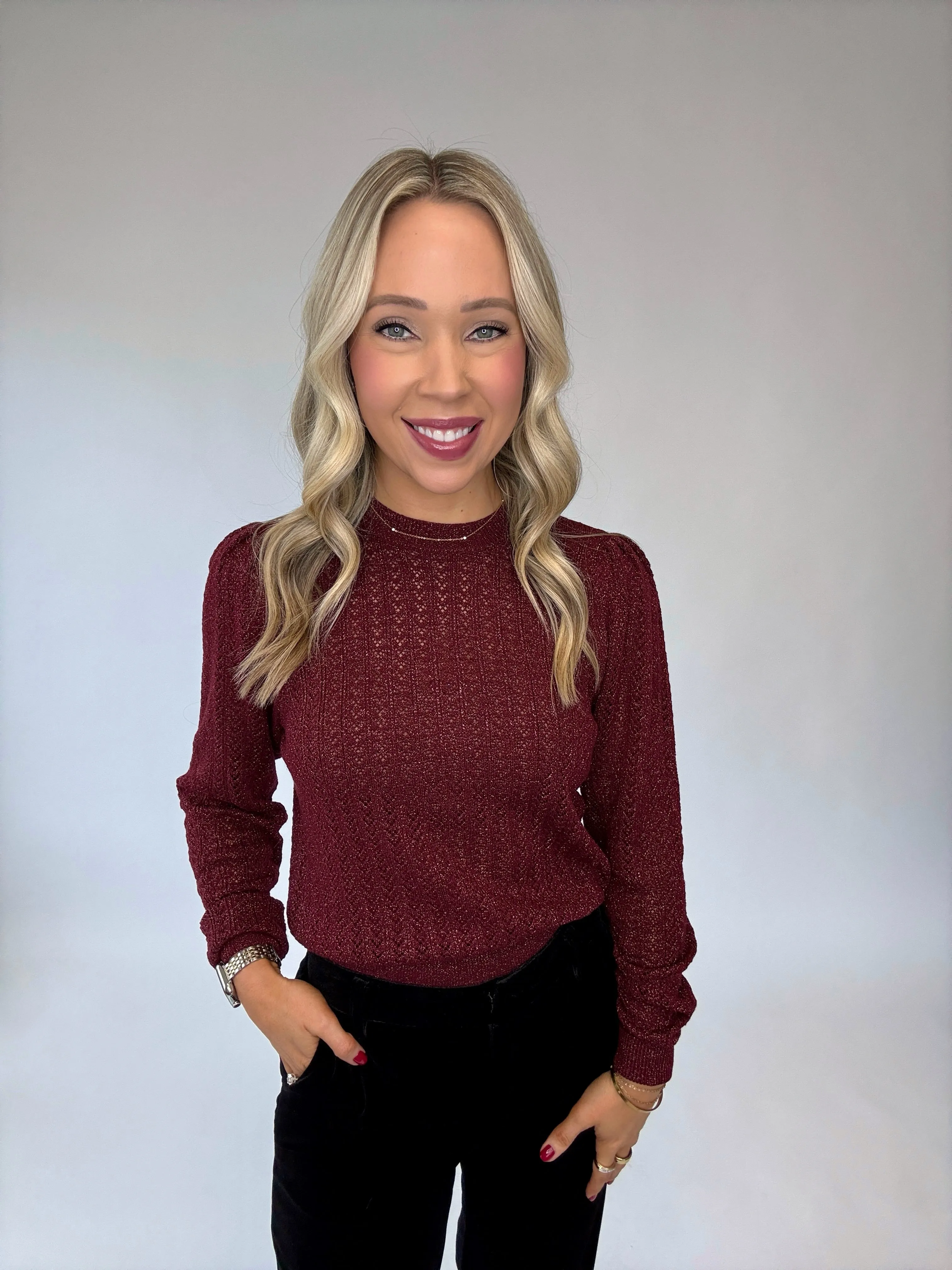 Bishop   Young Sienna Puff Sleeve Metallic Sweater - Bordeaux